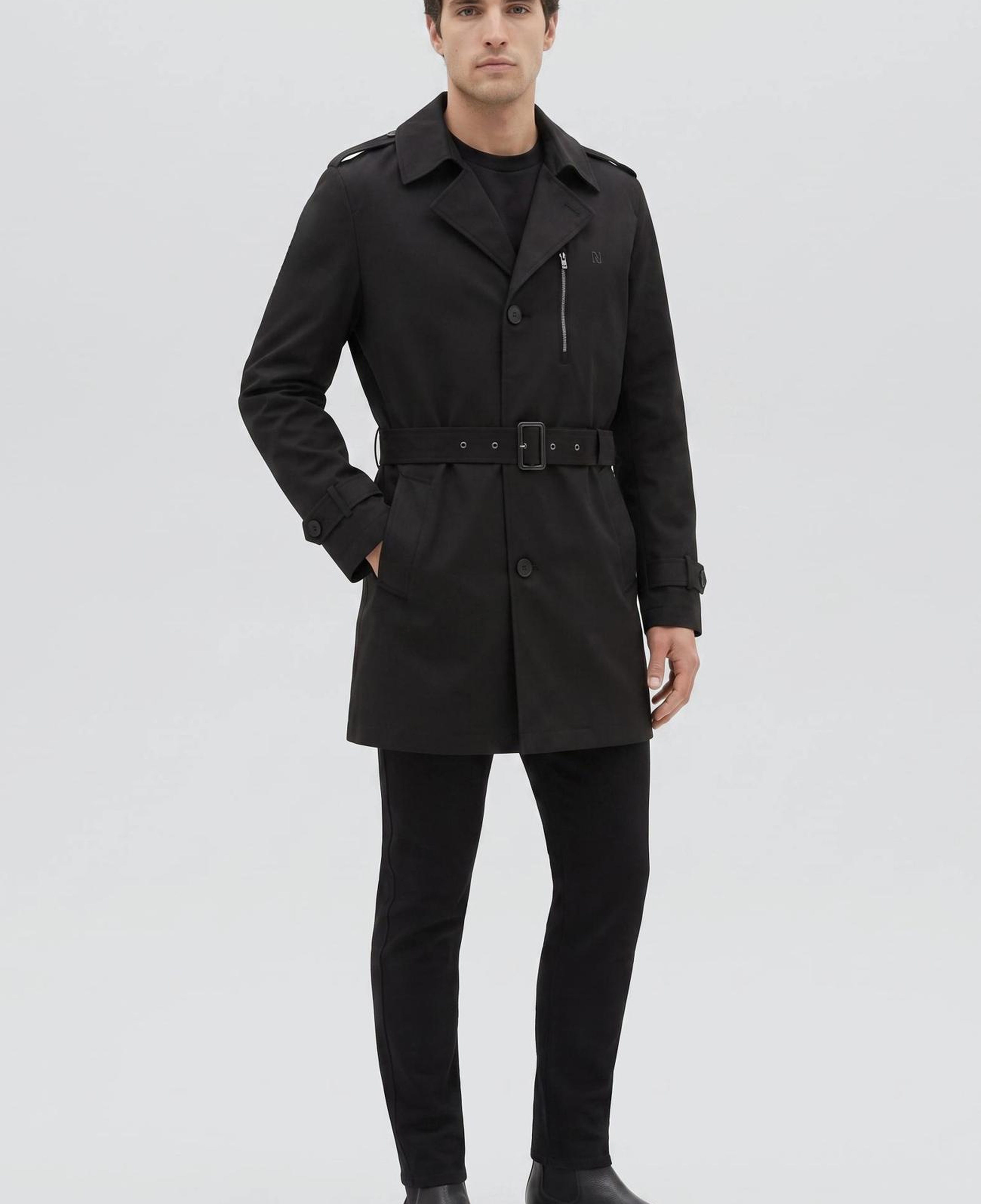 Network Erkek Slim Fit Siyah Mono Kapamalı Kuşaklı Pardösü