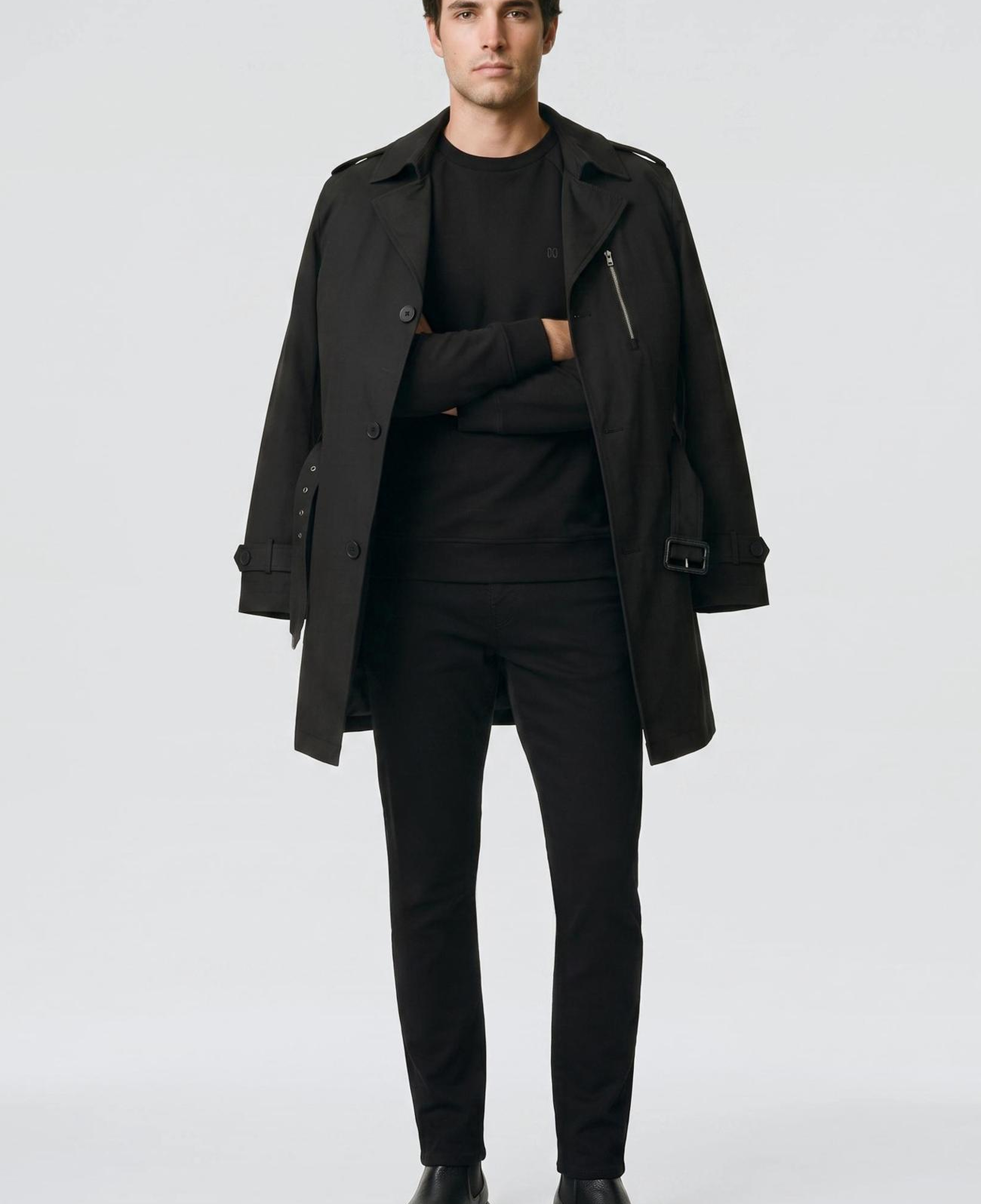 Network Erkek Slim Fit Siyah Mono Kapamalı Kuşaklı Pardösü