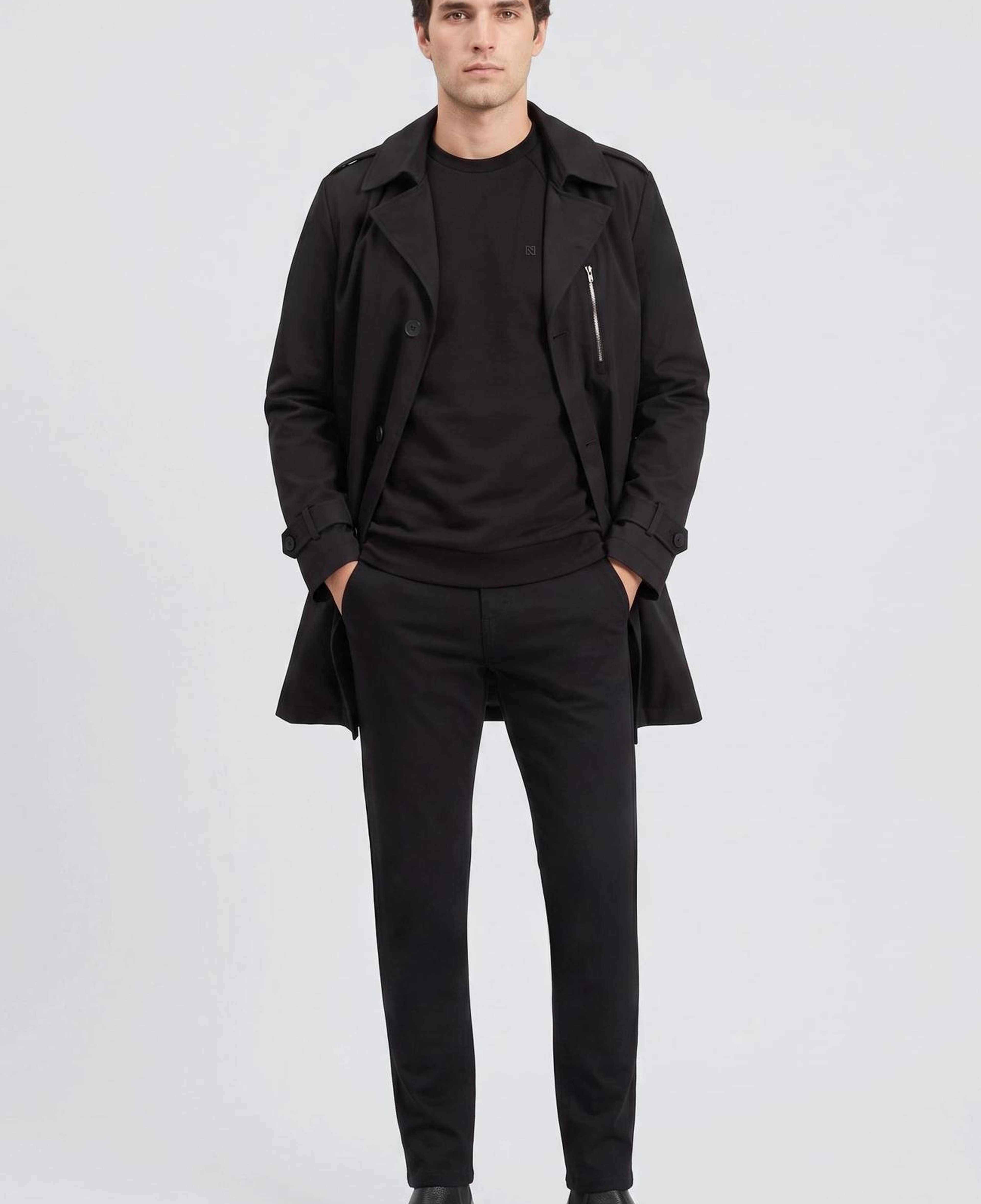 Network Erkek Slim Fit Siyah Mono Kapamalı Kuşaklı Pardösü