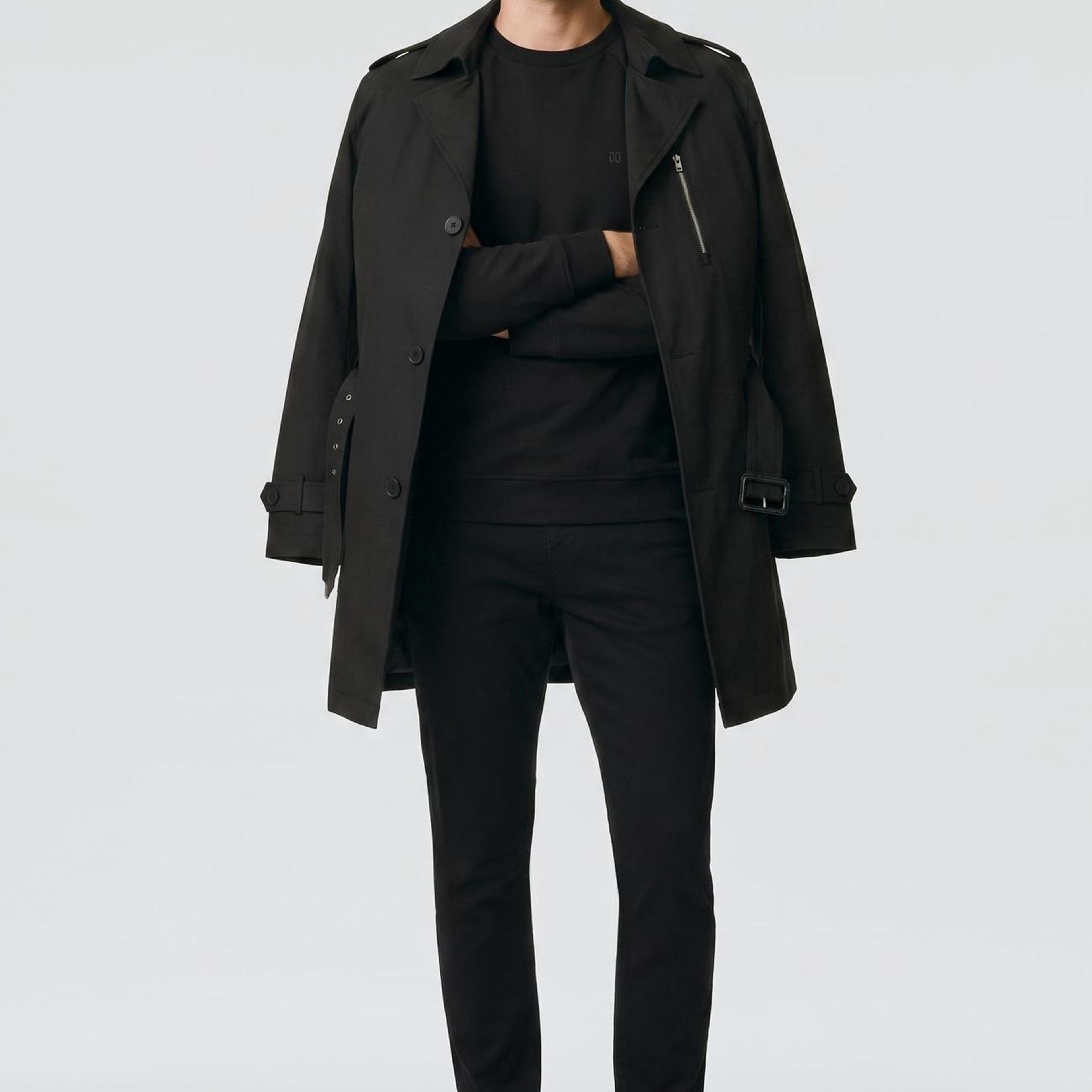 Network Erkek Slim Fit Siyah Mono Kapamalı Kuşaklı Pardösü