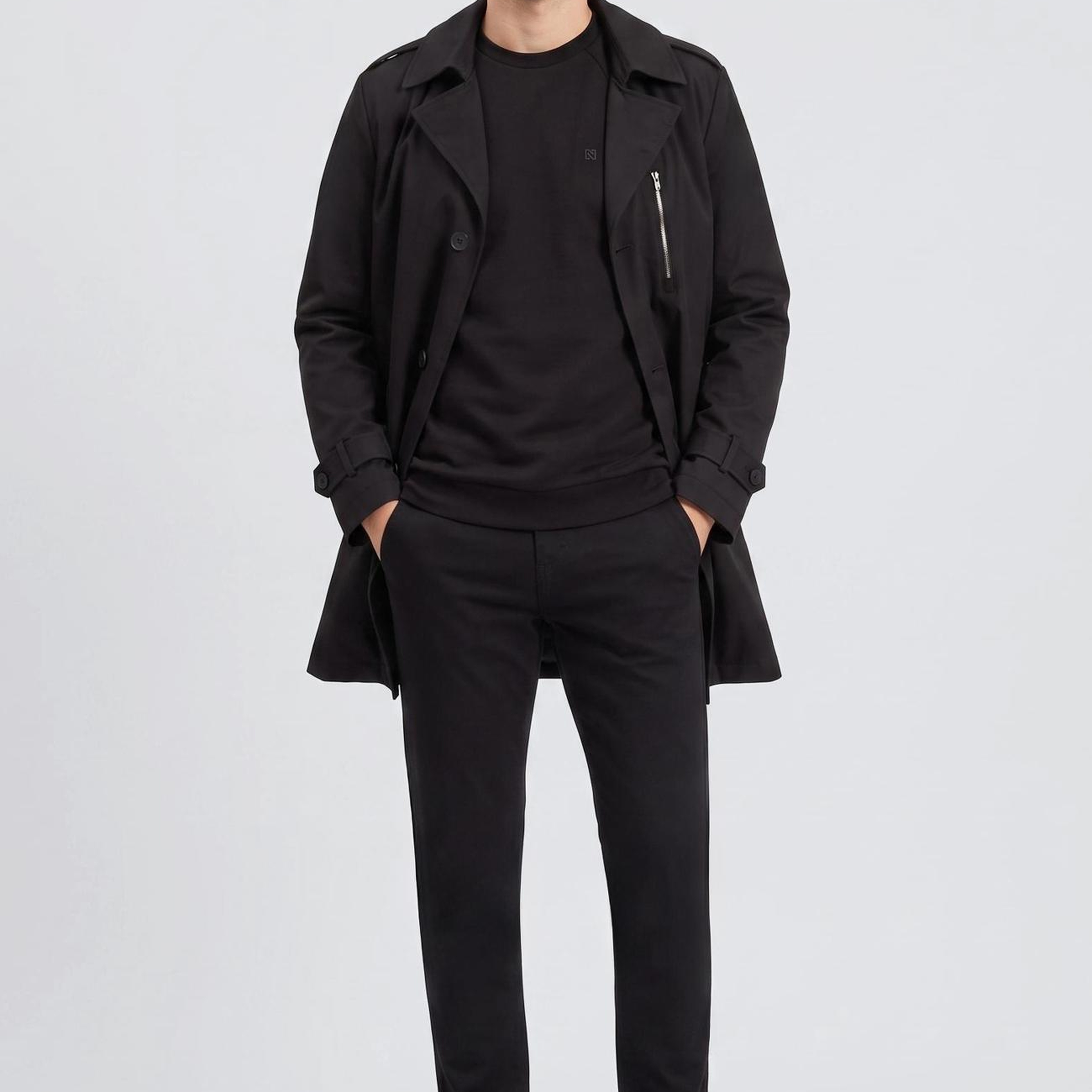 Network Erkek Slim Fit Siyah Mono Kapamalı Kuşaklı Pardösü