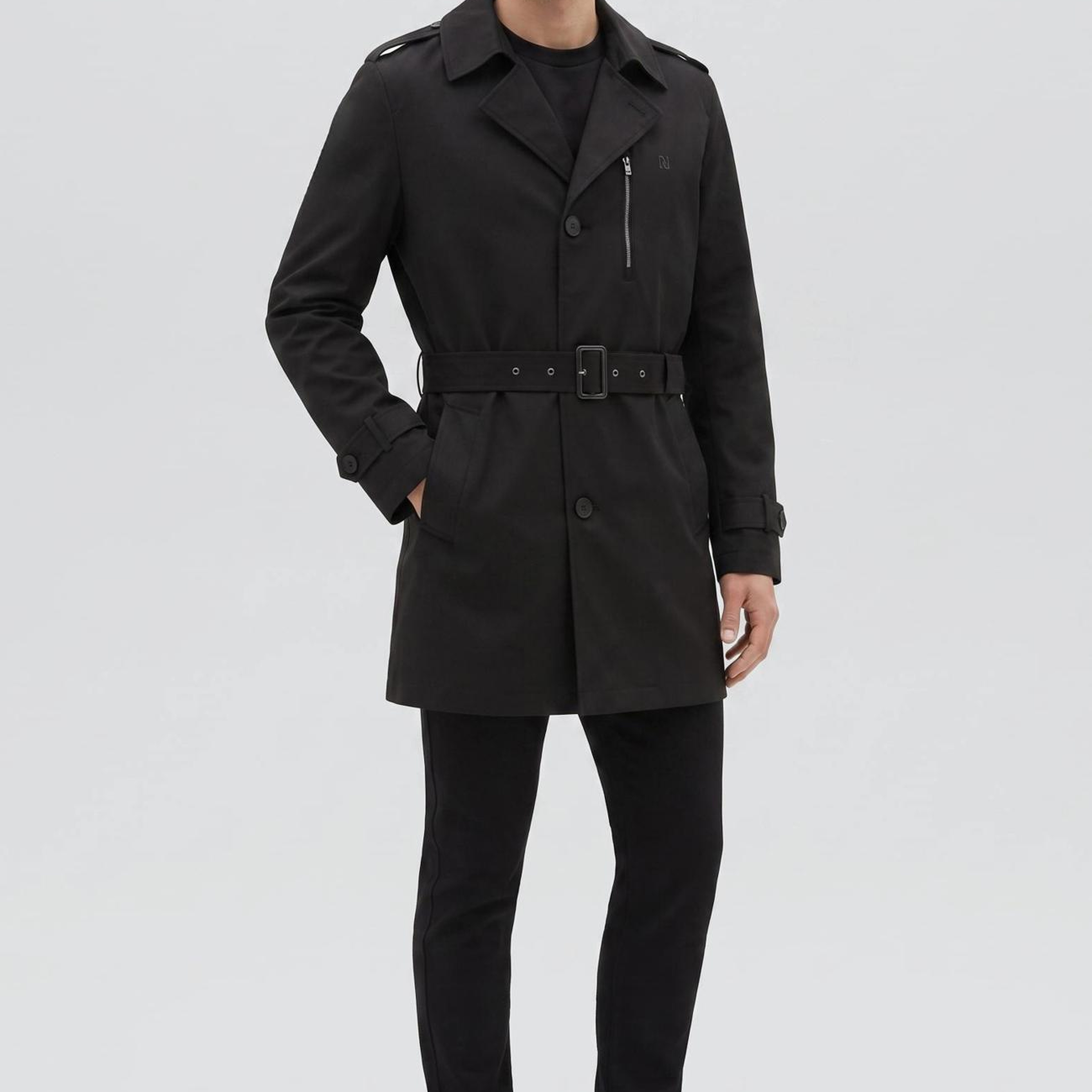 Network Erkek Slim Fit Siyah Mono Kapamalı Kuşaklı Pardösü