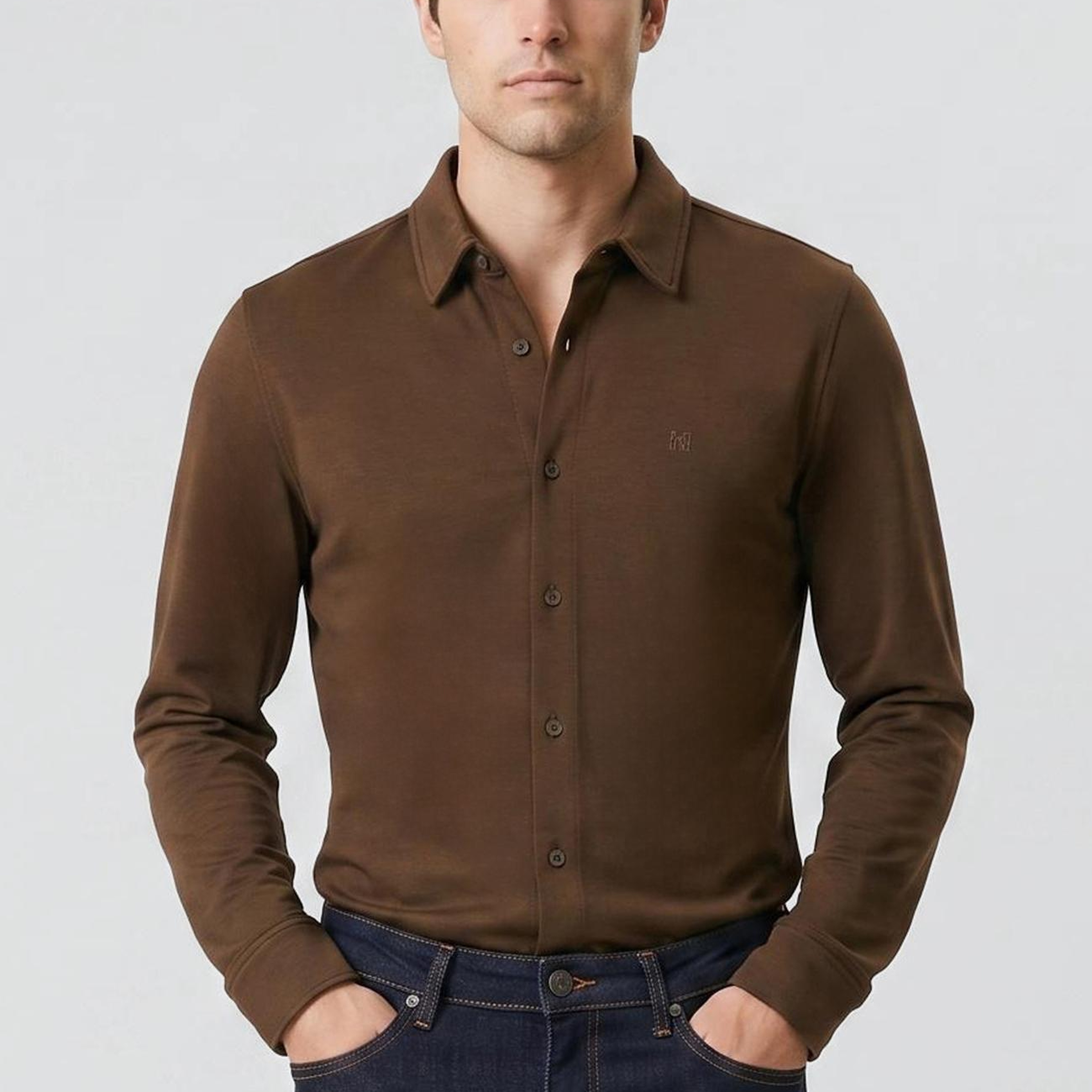 Network Erkek Haki Slim Fit Örme Gömlek