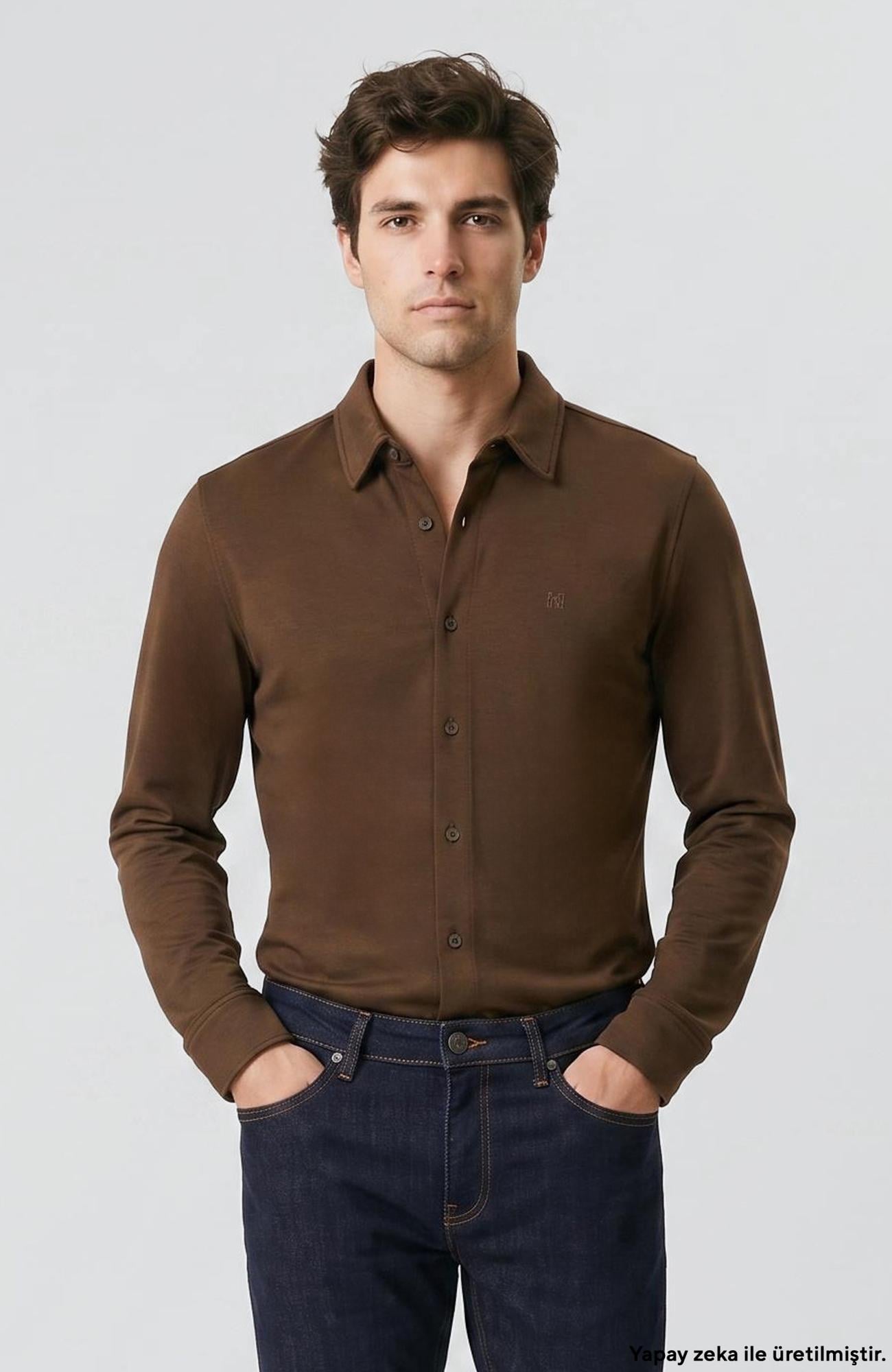 Network Erkek Haki Slim Fit Örme Gömlek