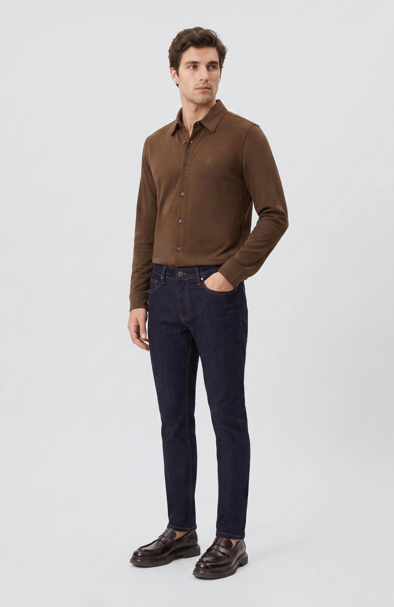 Network Erkek Haki Slim Fit Örme Gömlek