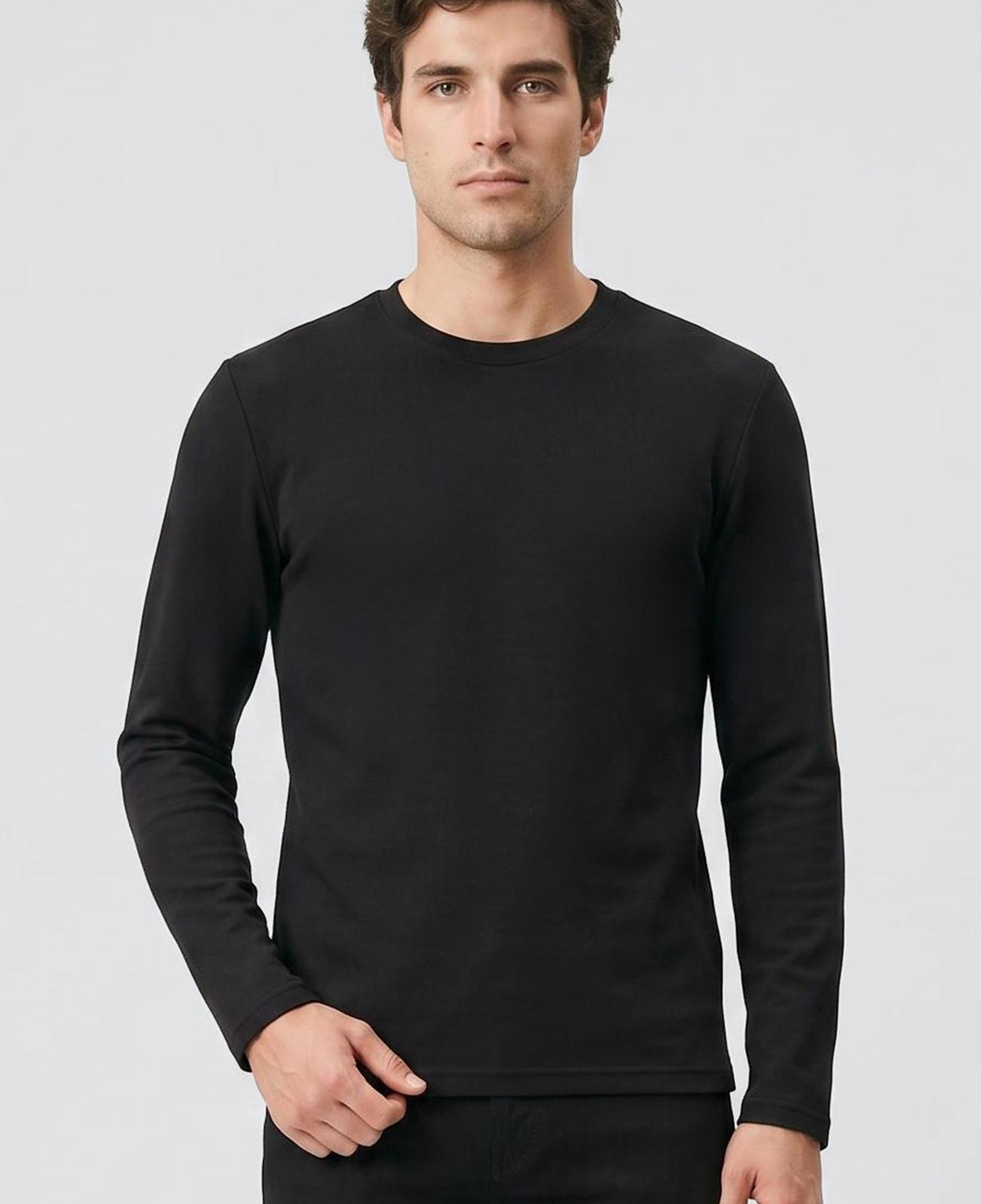 Network Erkek Siyah Basic Bisiklet Yaka Uzun Kol Pamuk T-shirt