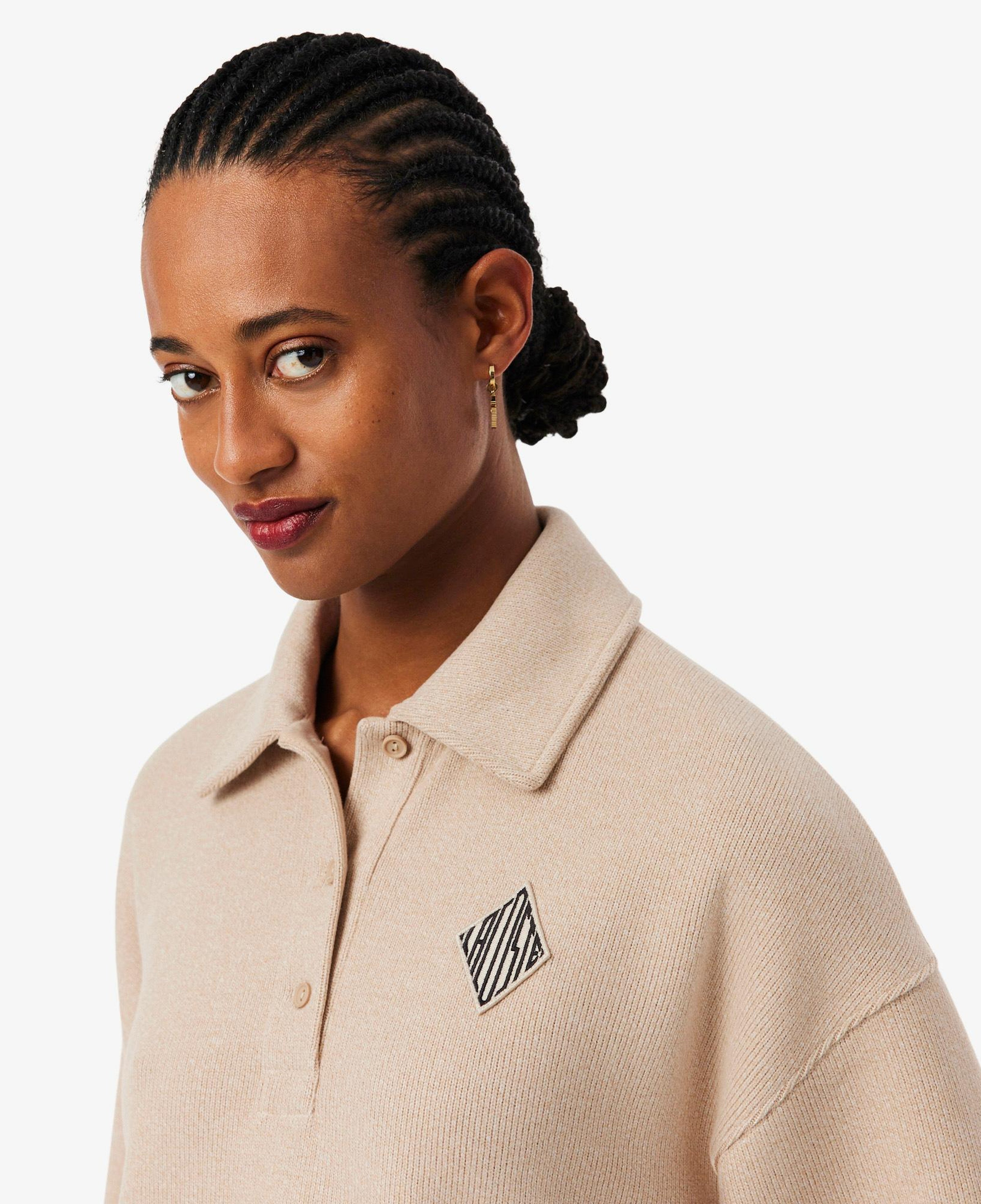 Kadın Oversize Fit Polo Yaka Bej Sweatshirt