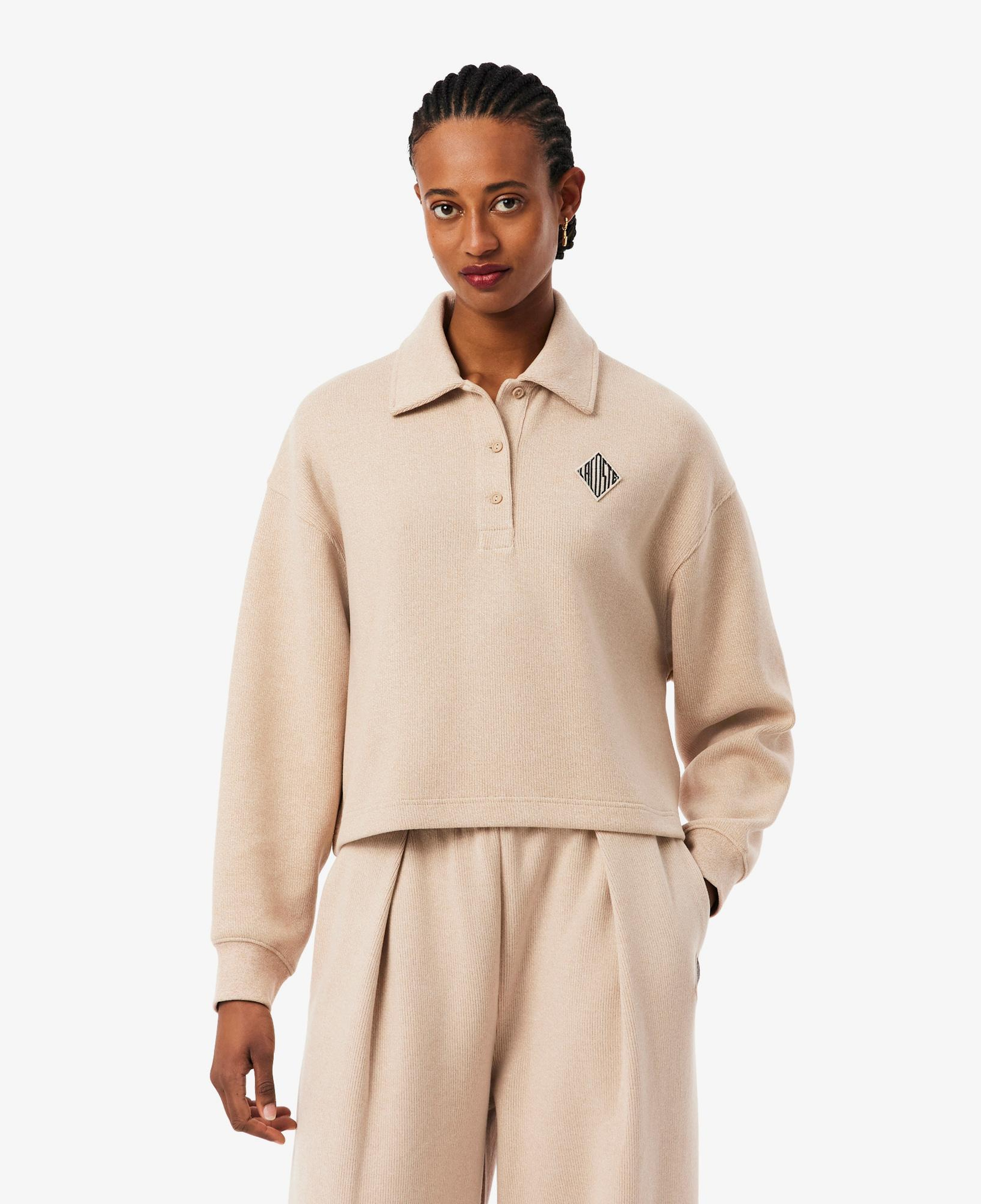 Kadın Oversize Fit Polo Yaka Bej Sweatshirt