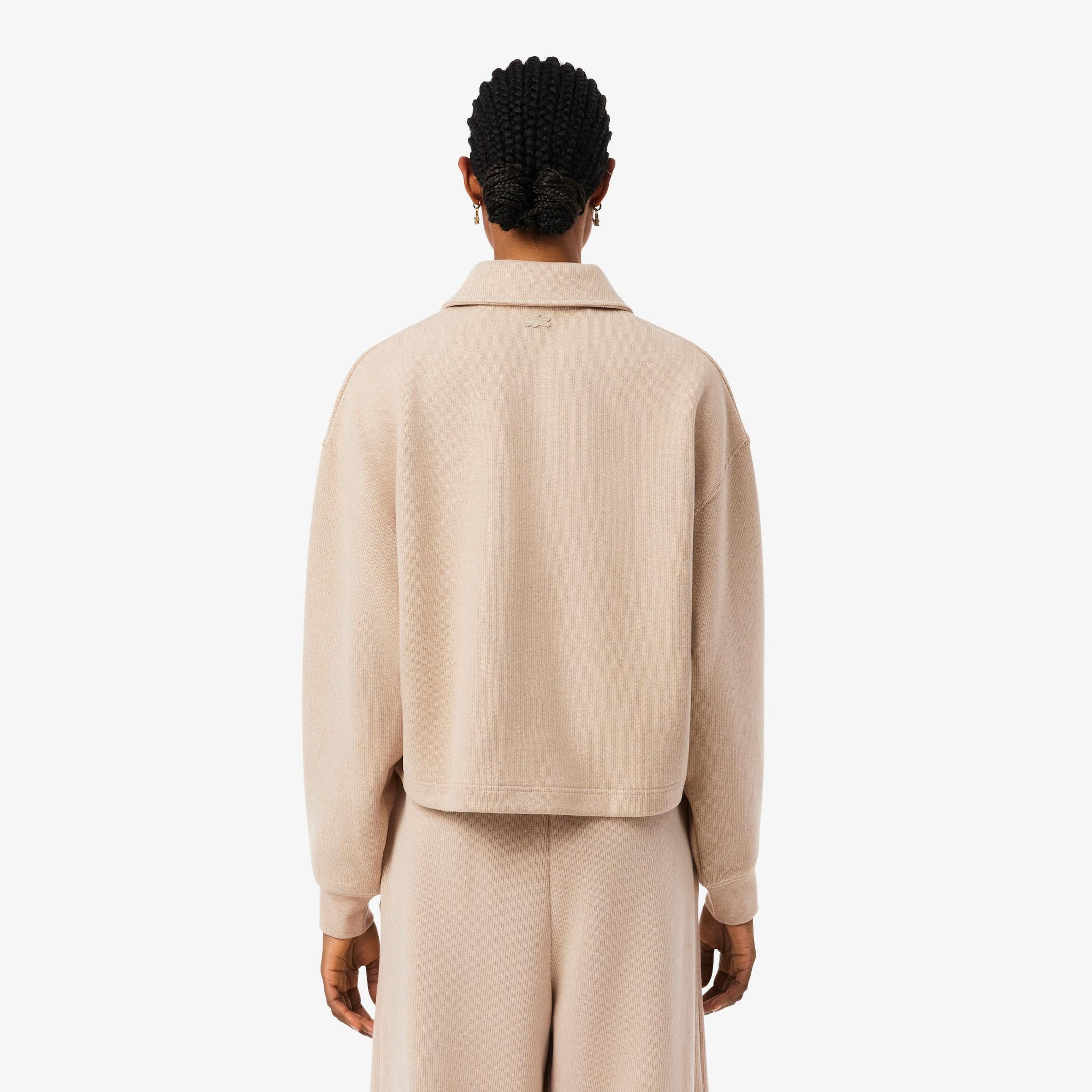 Kadın Oversize Fit Polo Yaka Bej Sweatshirt