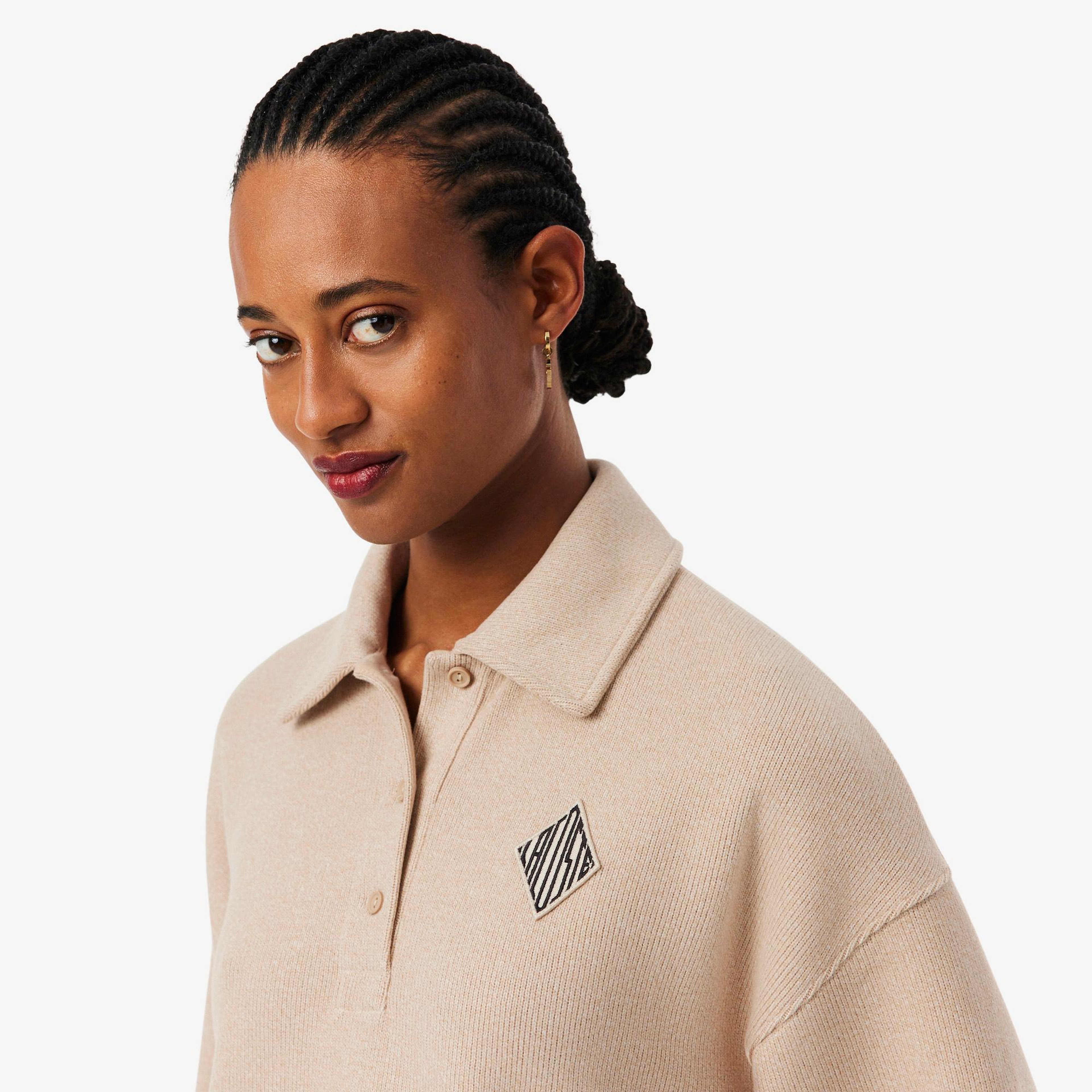 Kadın Oversize Fit Polo Yaka Bej Sweatshirt