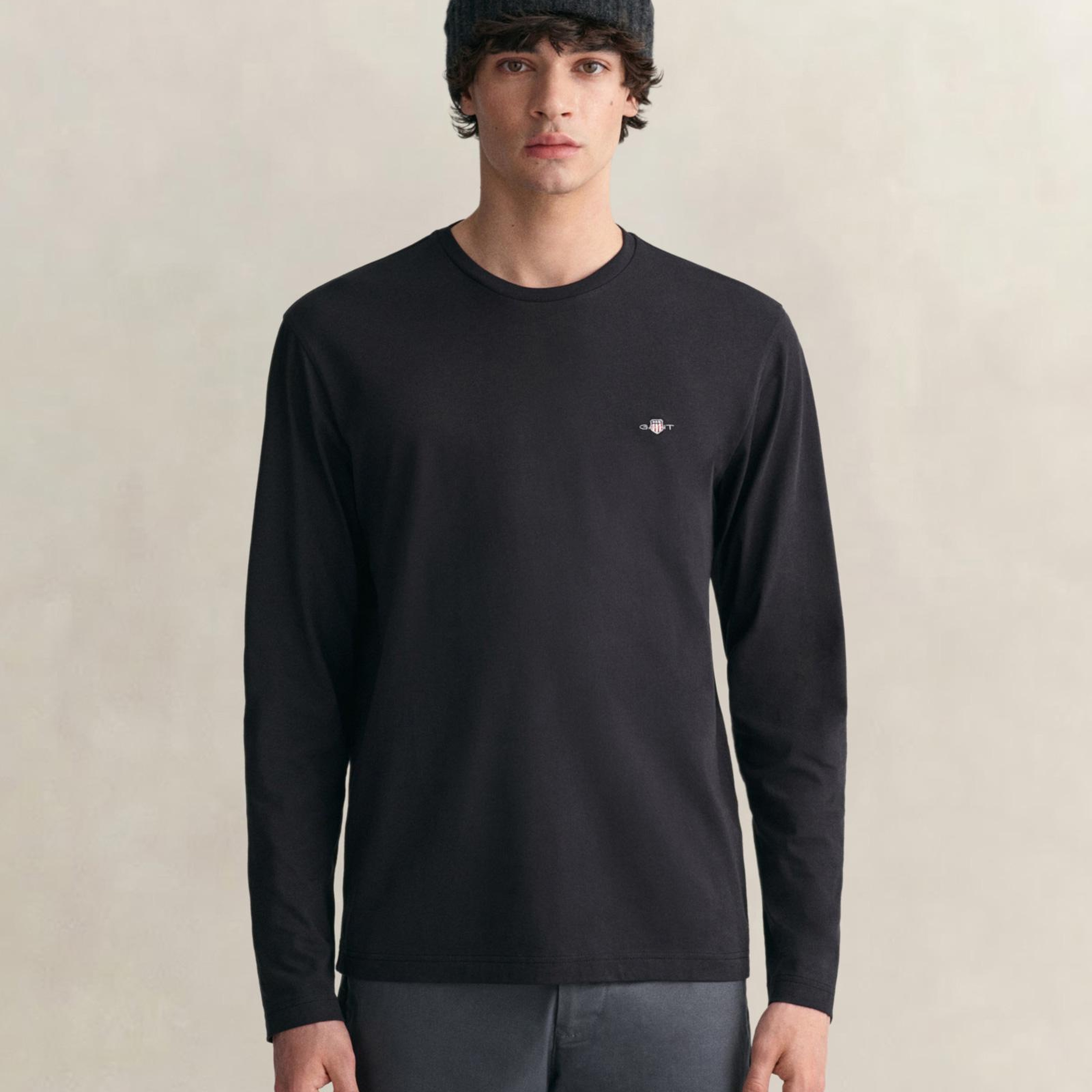 GANT Erkek Siyah Regular Fit Bisiklet Yaka Uzun Kollu T-Shirt