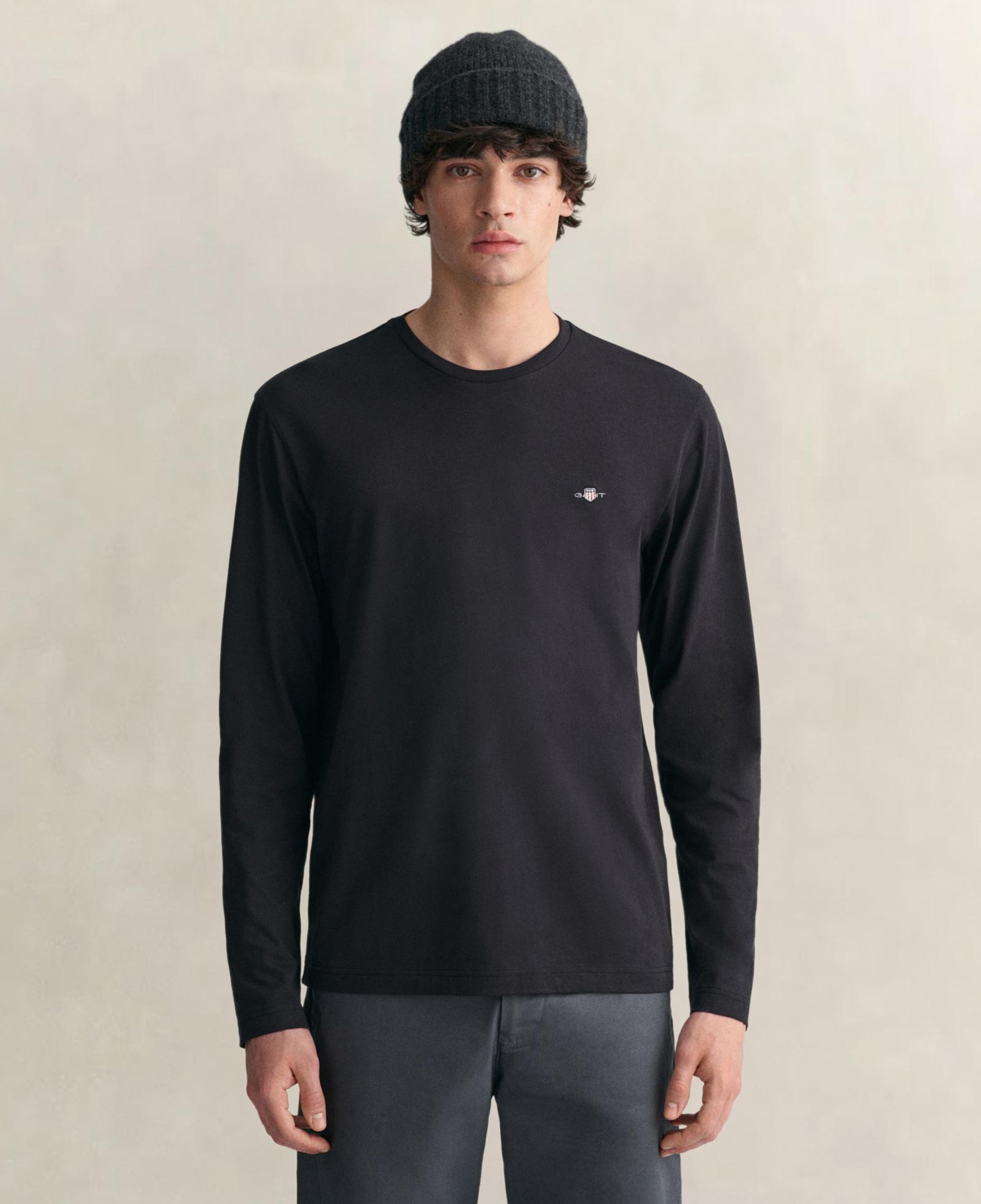 GANT Erkek Siyah Regular Fit Bisiklet Yaka Uzun Kollu T-Shirt