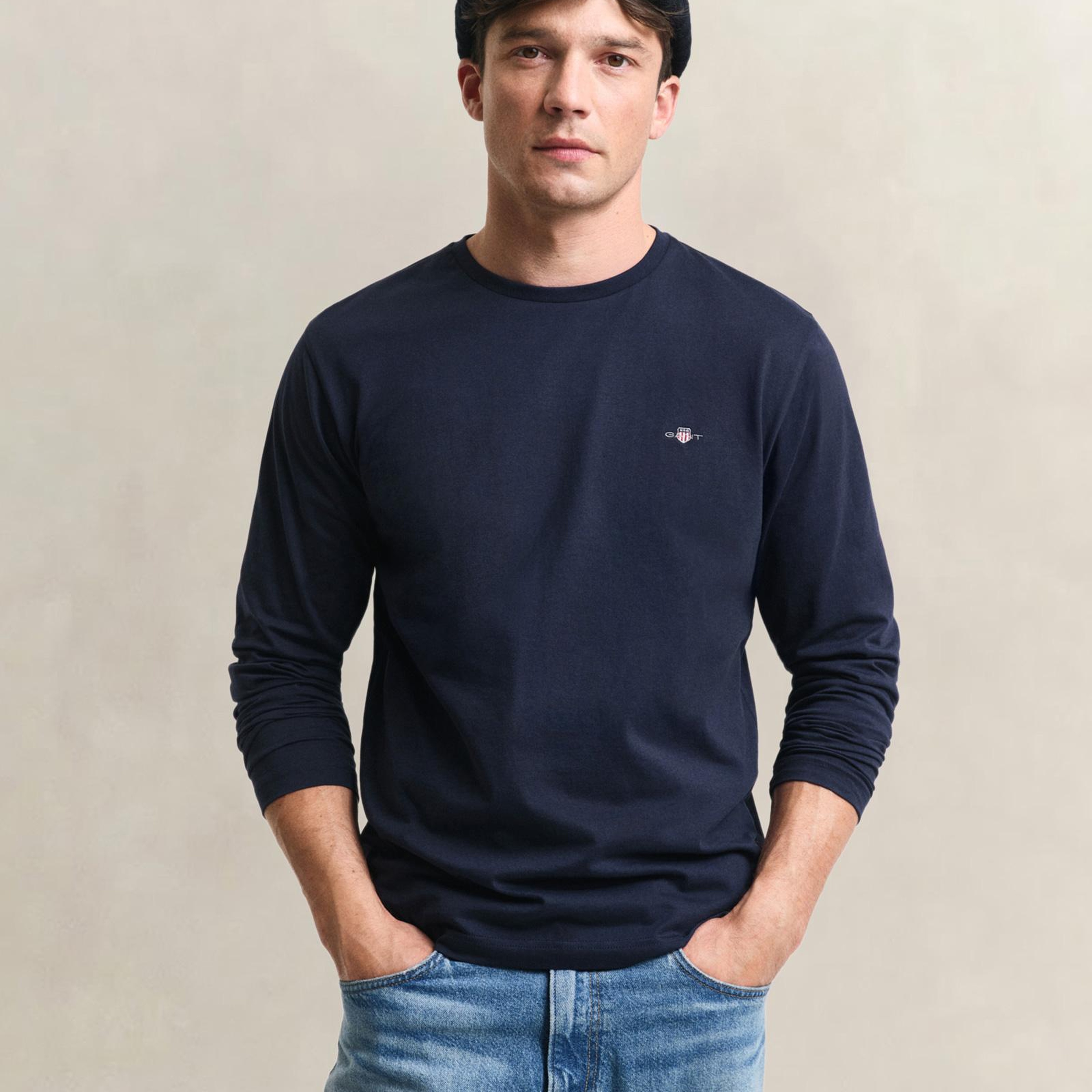 GANT Erkek Lacivert Regular Fit Bisiklet Yaka Uzun Kollu T-Shirt