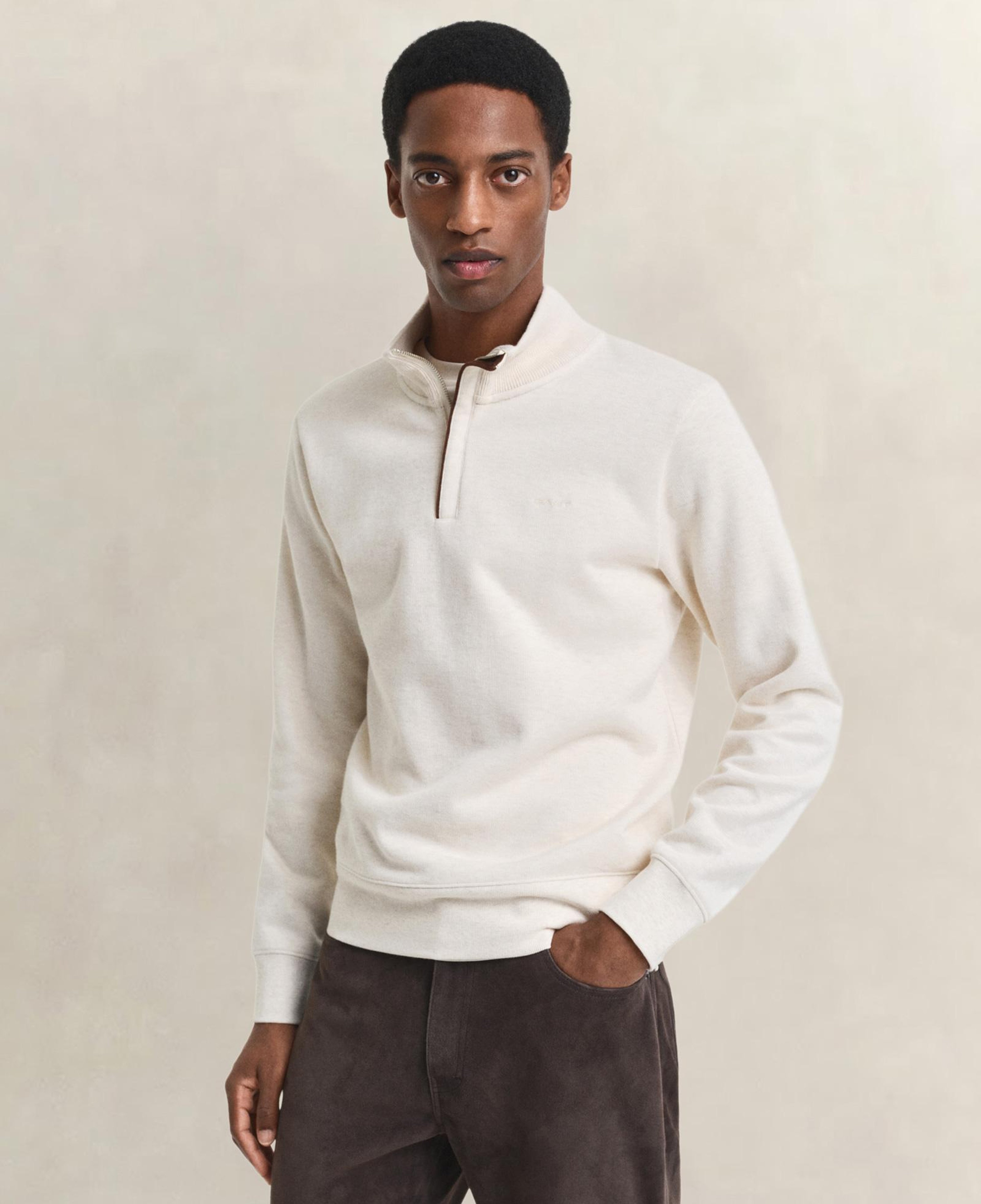 GANT Erkek Krem Regular Fit Yarım Fermuarlı Sweatshirt