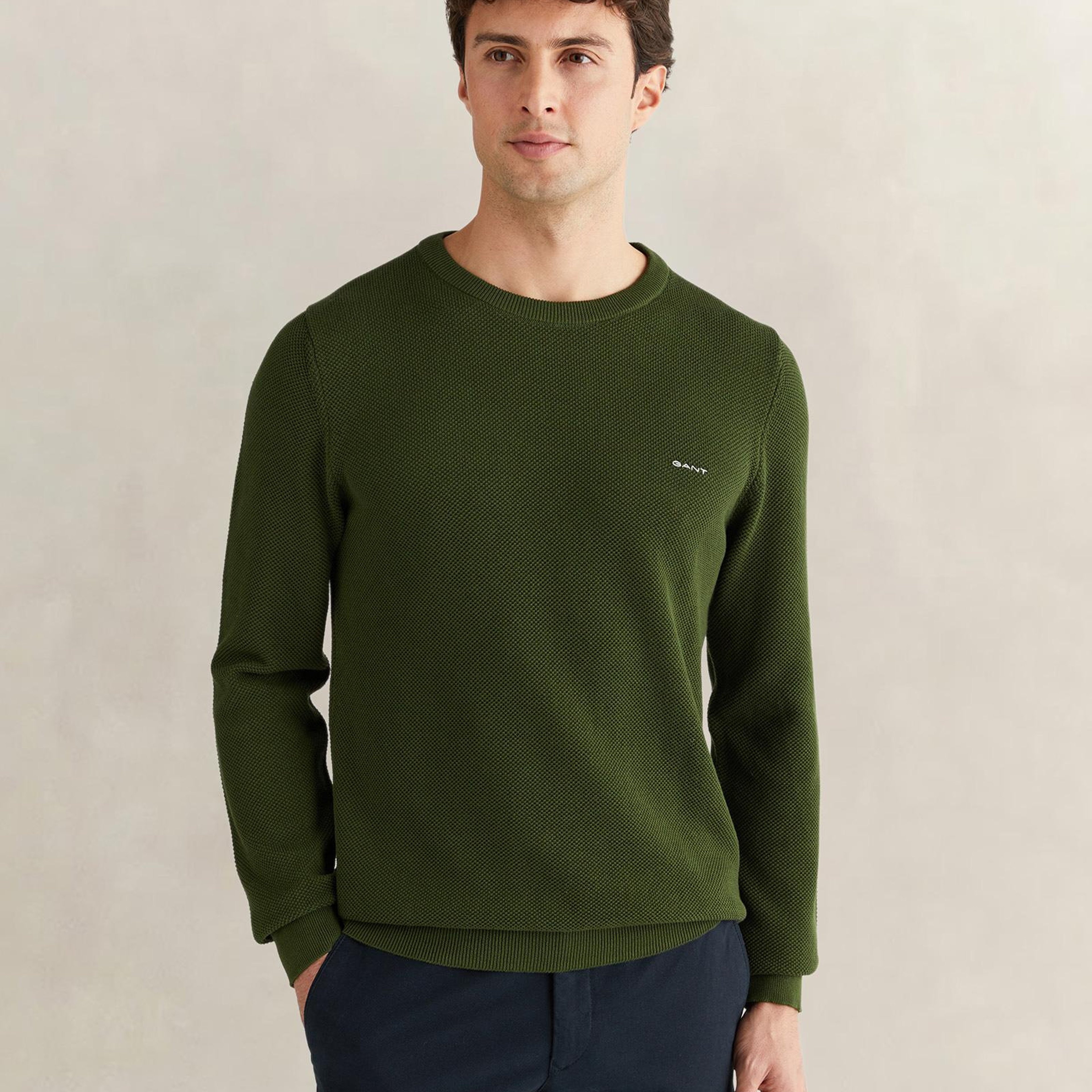GANT Erkek Haki Regular Fit Bisiklet Yaka Triko