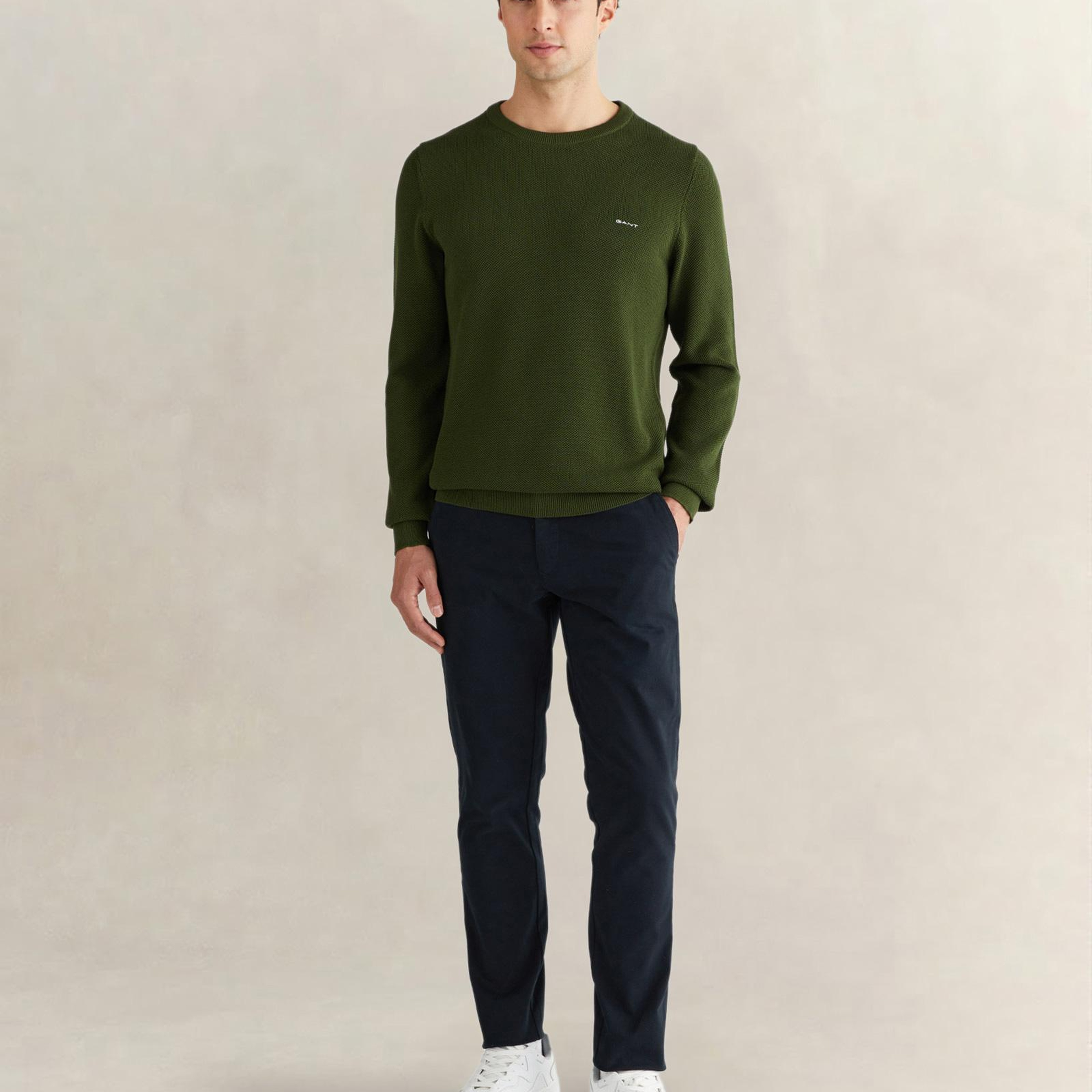 GANT Erkek Haki Regular Fit Bisiklet Yaka Triko