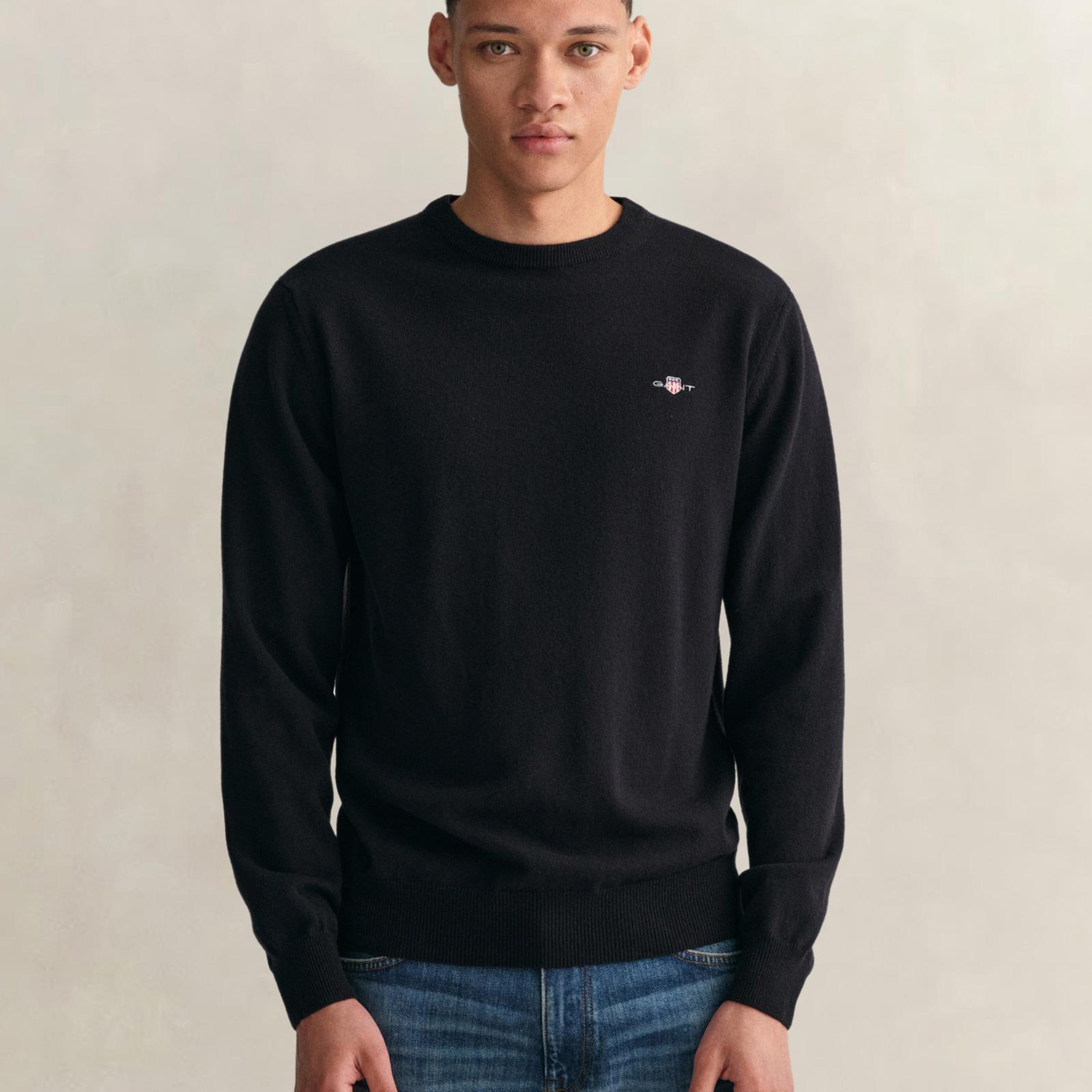 GANT Erkek Siyah Regular Fit Bisiklet Yaka Yün Kazak