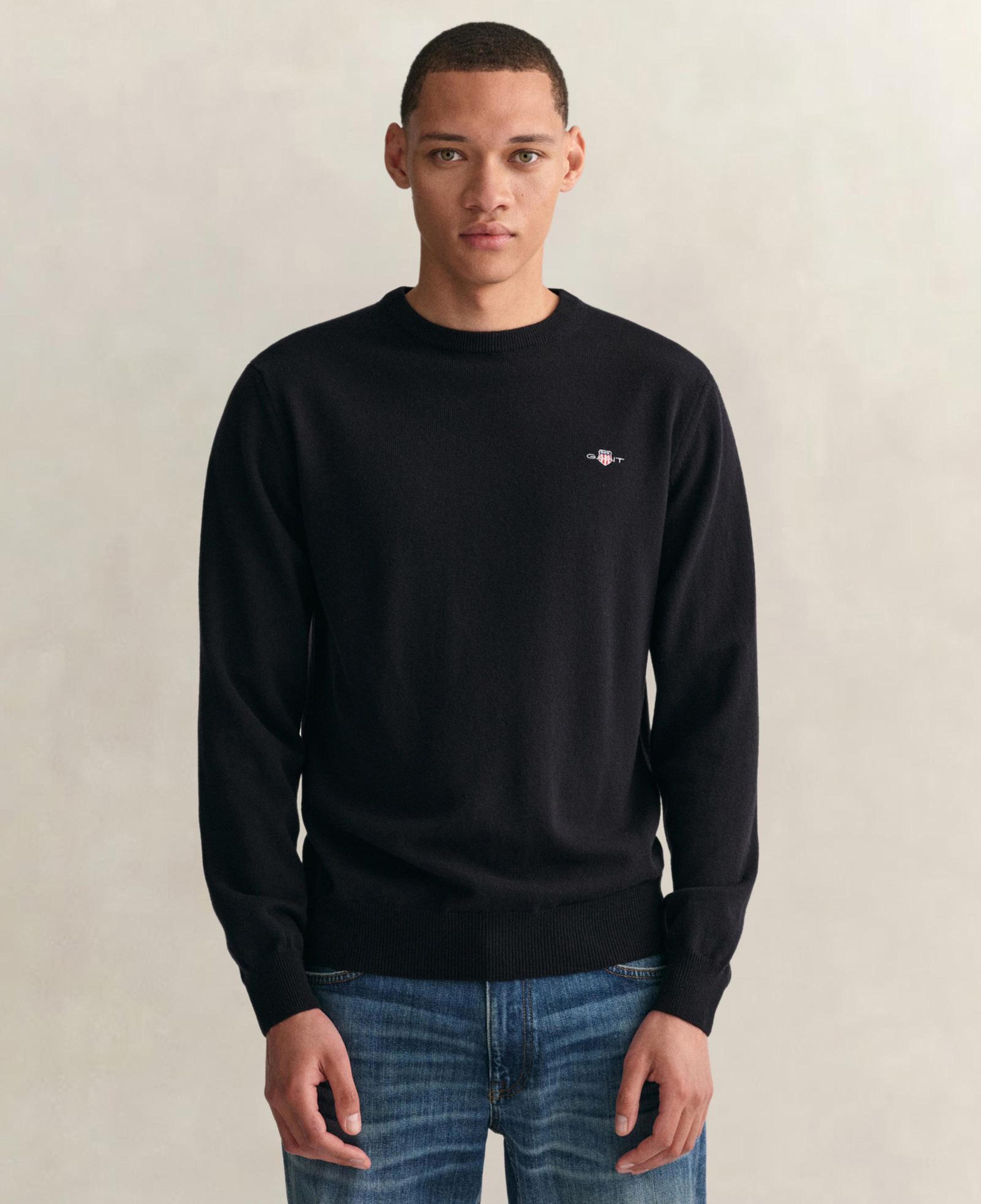 GANT Erkek Siyah Regular Fit Bisiklet Yaka Yün Kazak