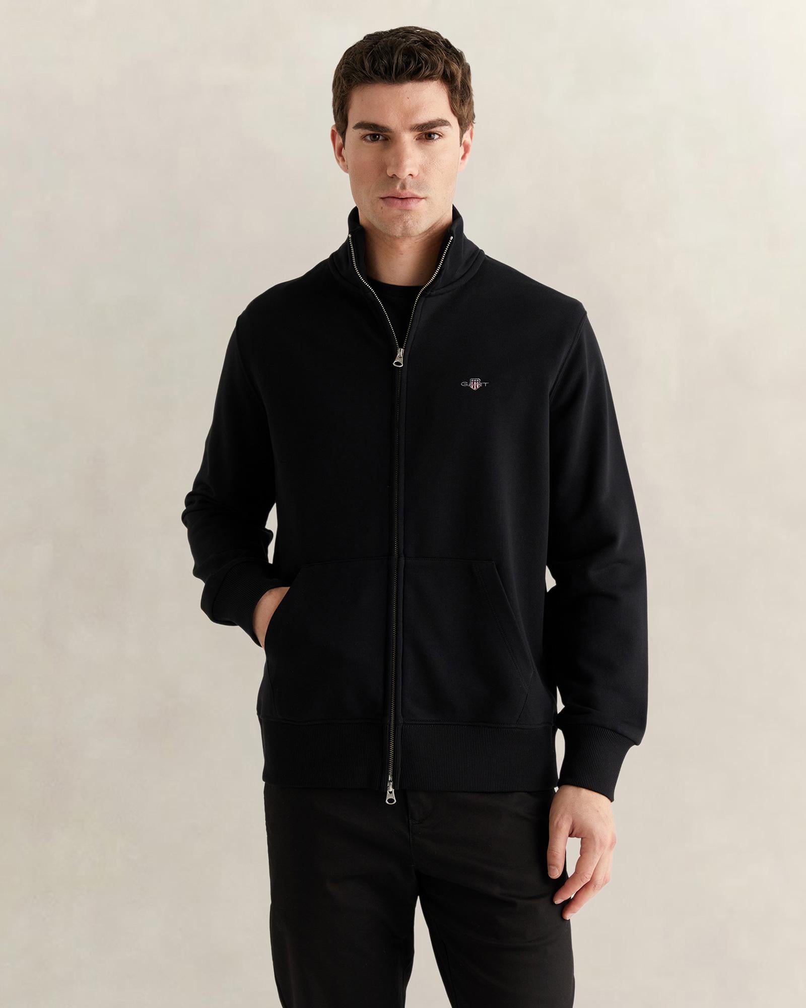 GANT Erkek Siyah Fermuarlı Logolu Sweatshirt
