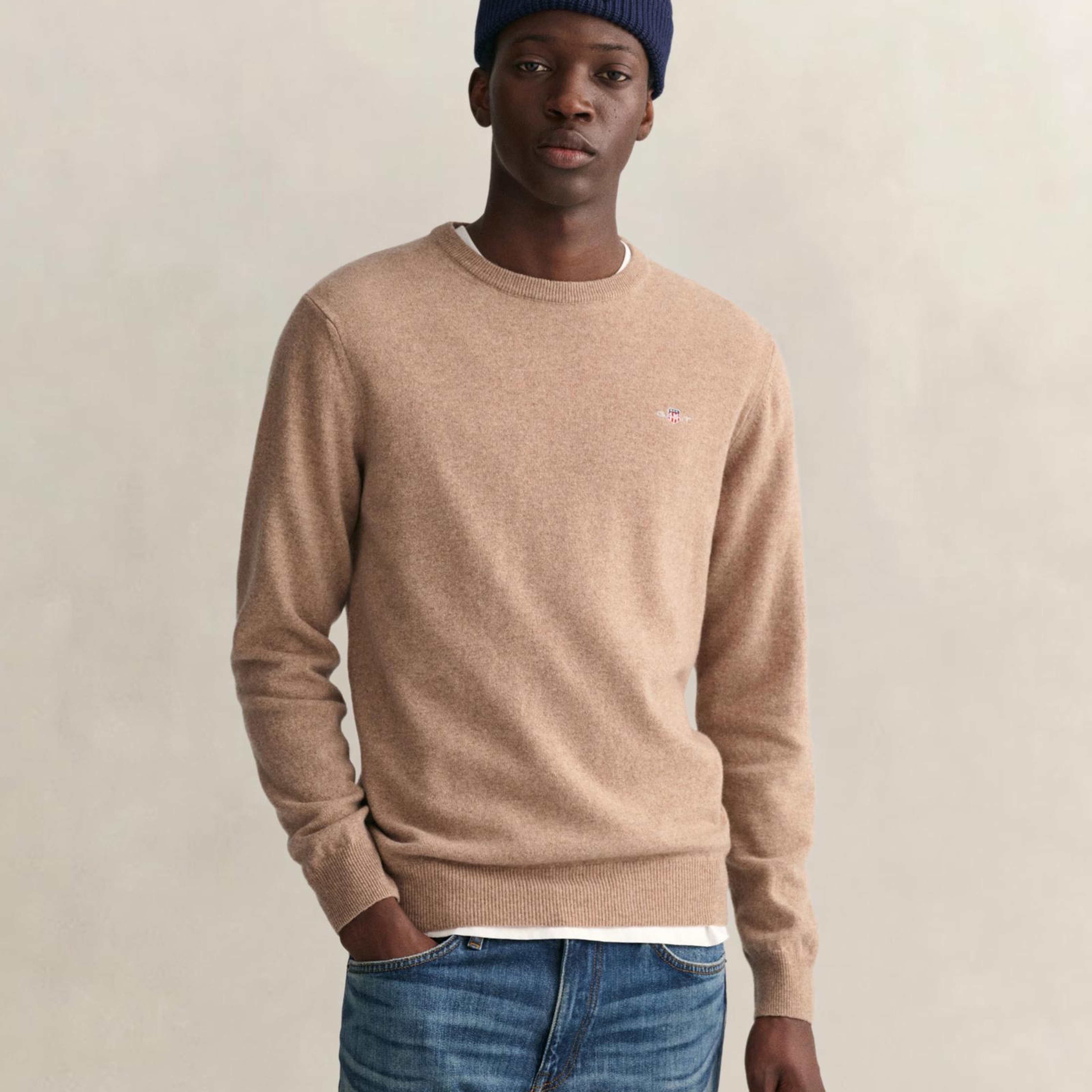GANT Erkek Bej Regular Fit Bisiklet Yaka Yün Kazak