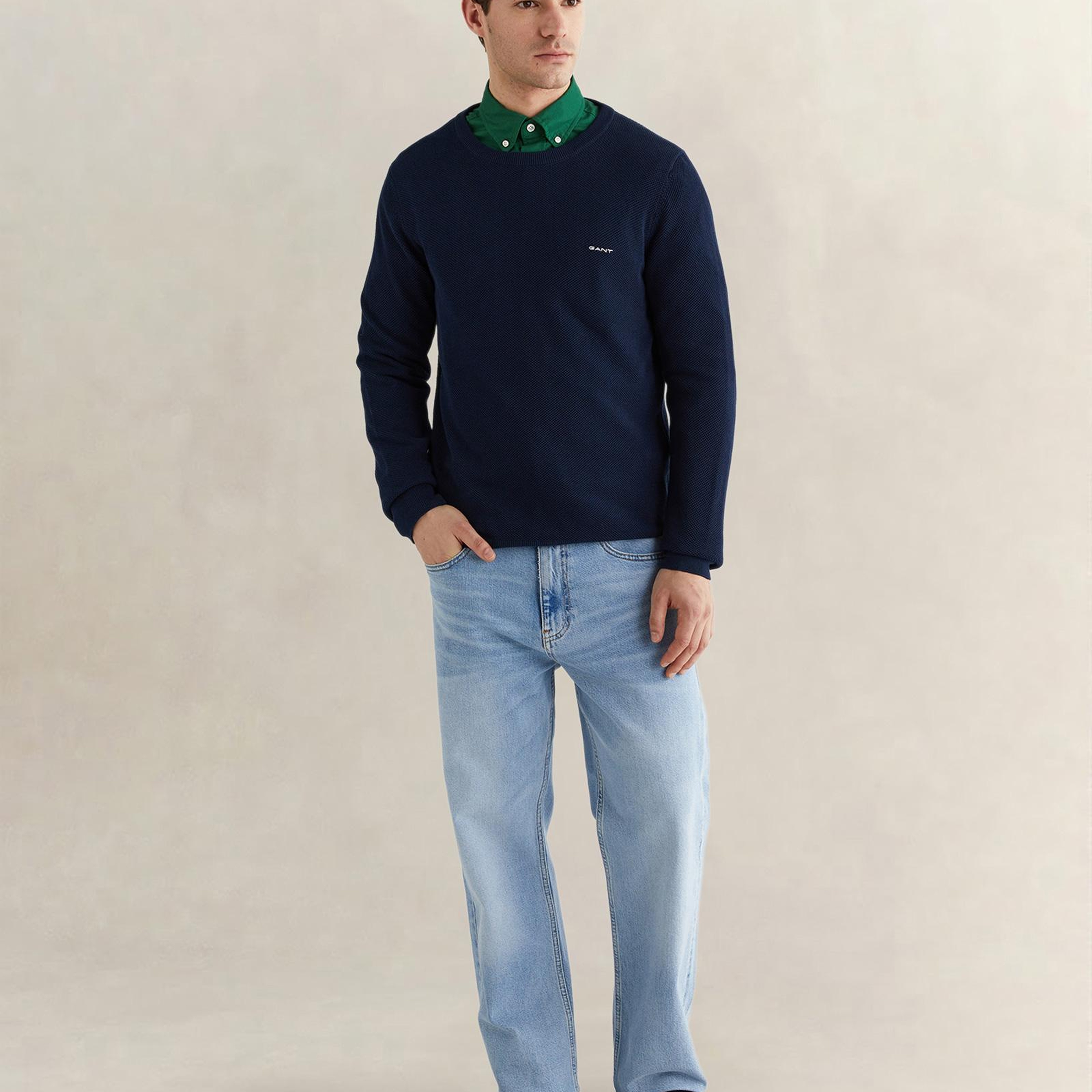 GANT Erkek Lacivert Regular Fit Bisiklet Yaka Kazak