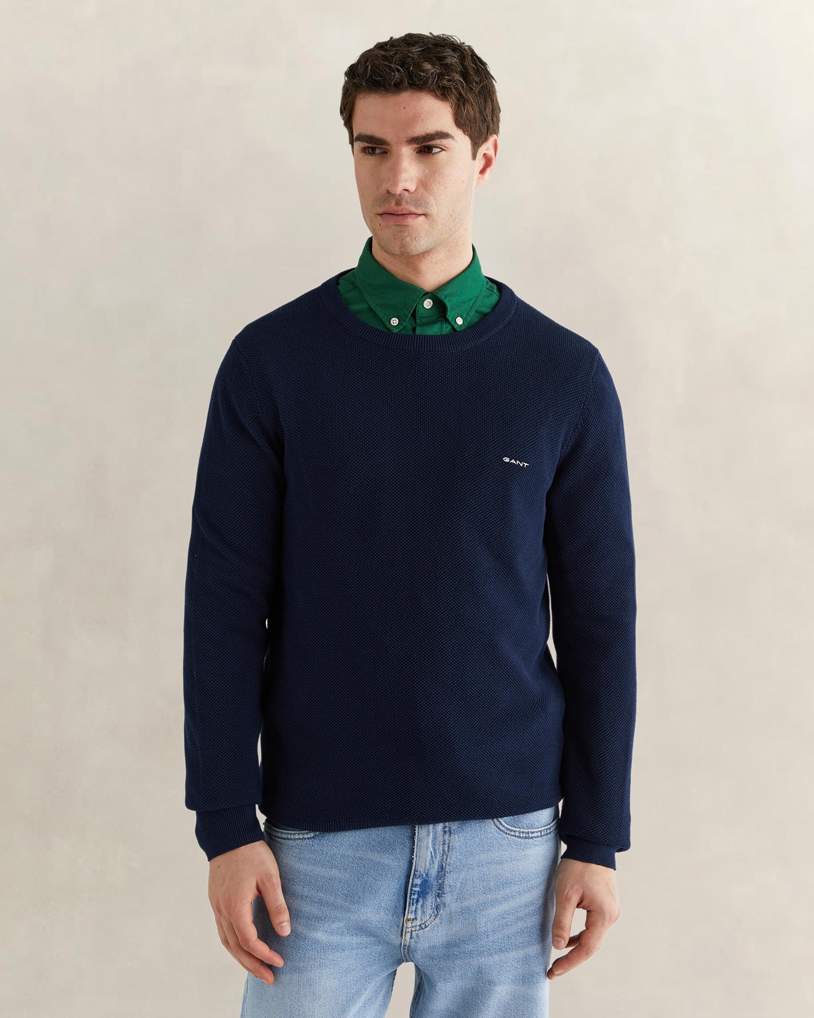 GANT Erkek Lacivert Regular Fit Bisiklet Yaka Kazak