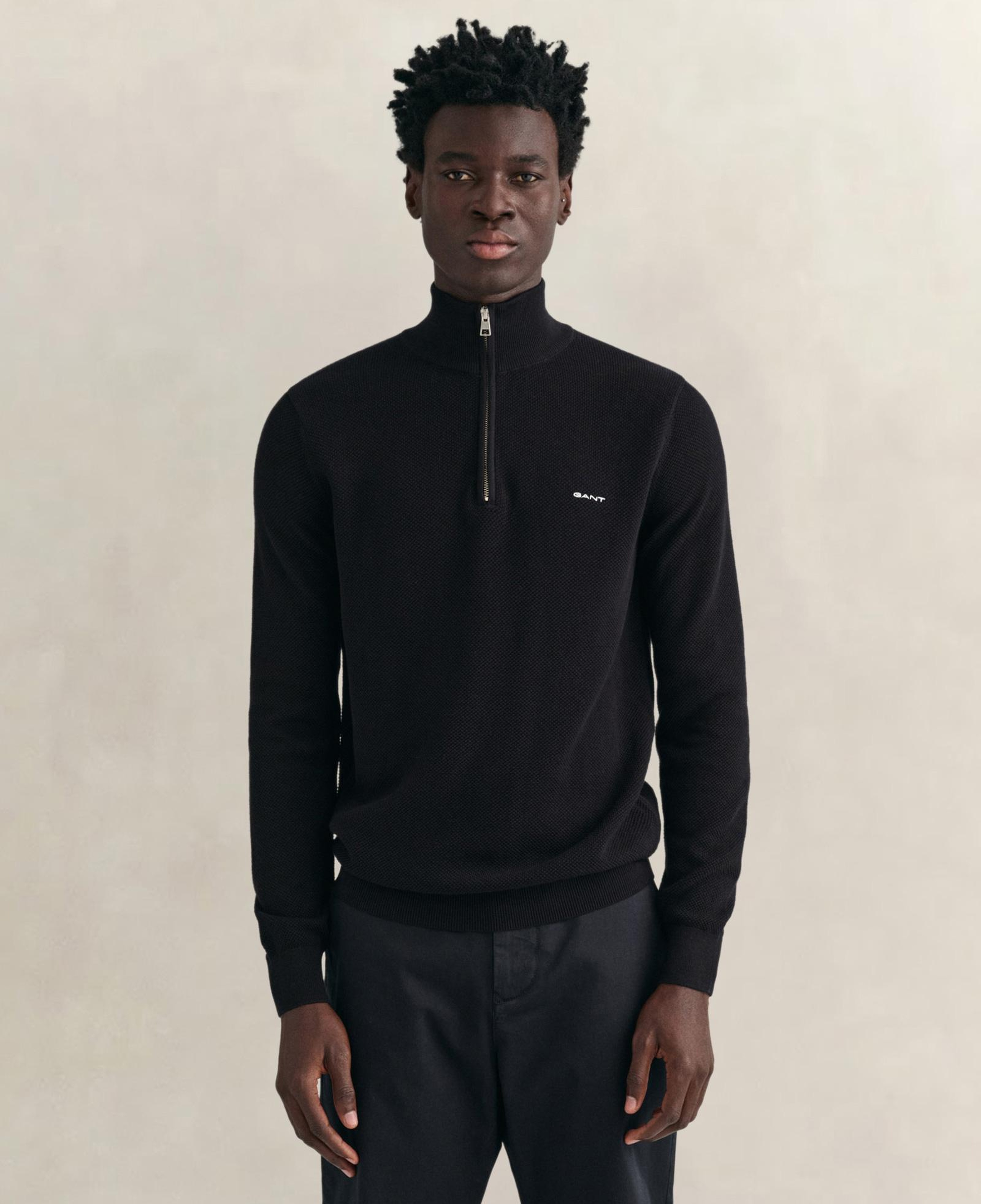 GANT Erkek Siyah Regular Fit Yarım Fermuarlı Kazak