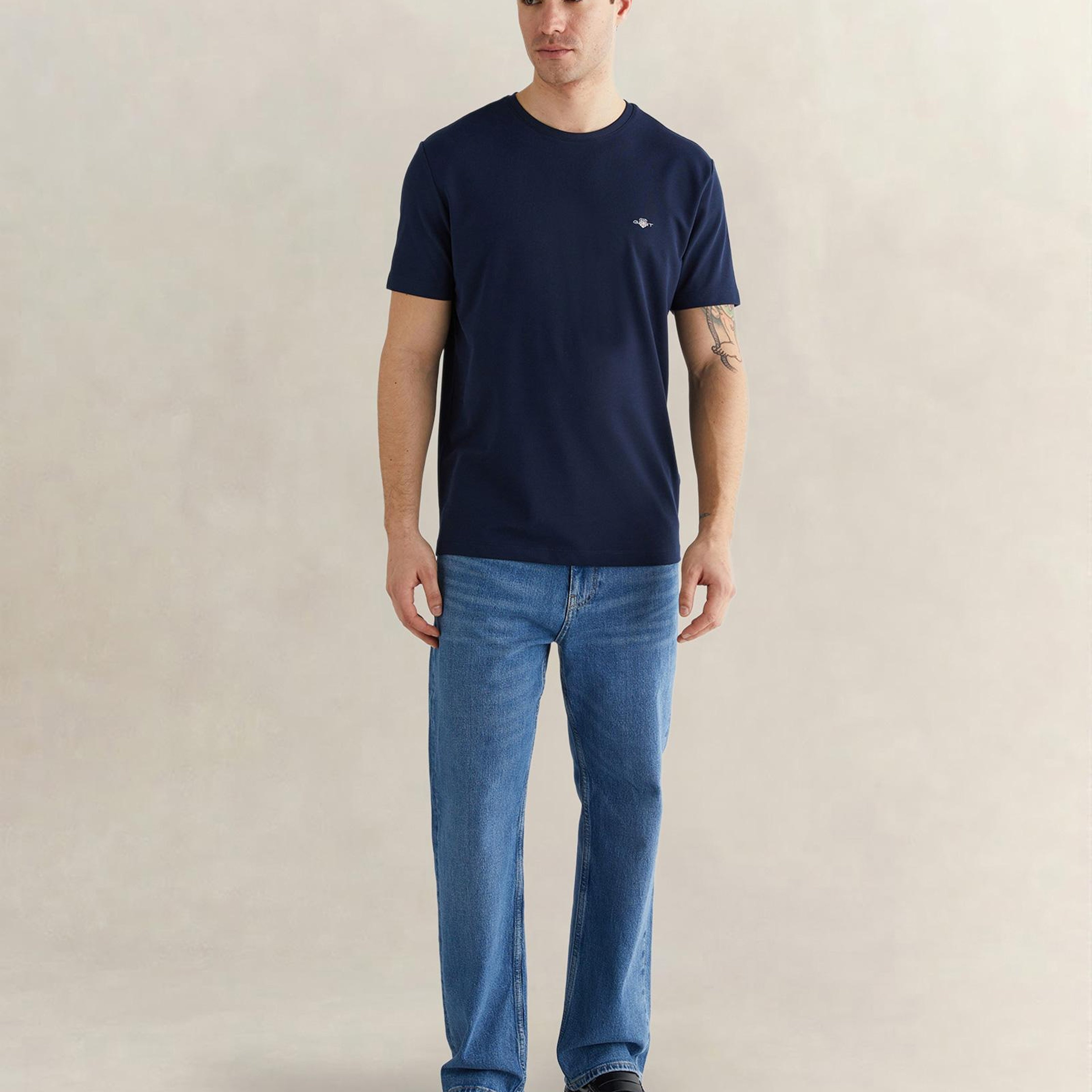 GANT Erkek Lacivert Bisiklet Yaka Regular Fit Logolu T-Shirt