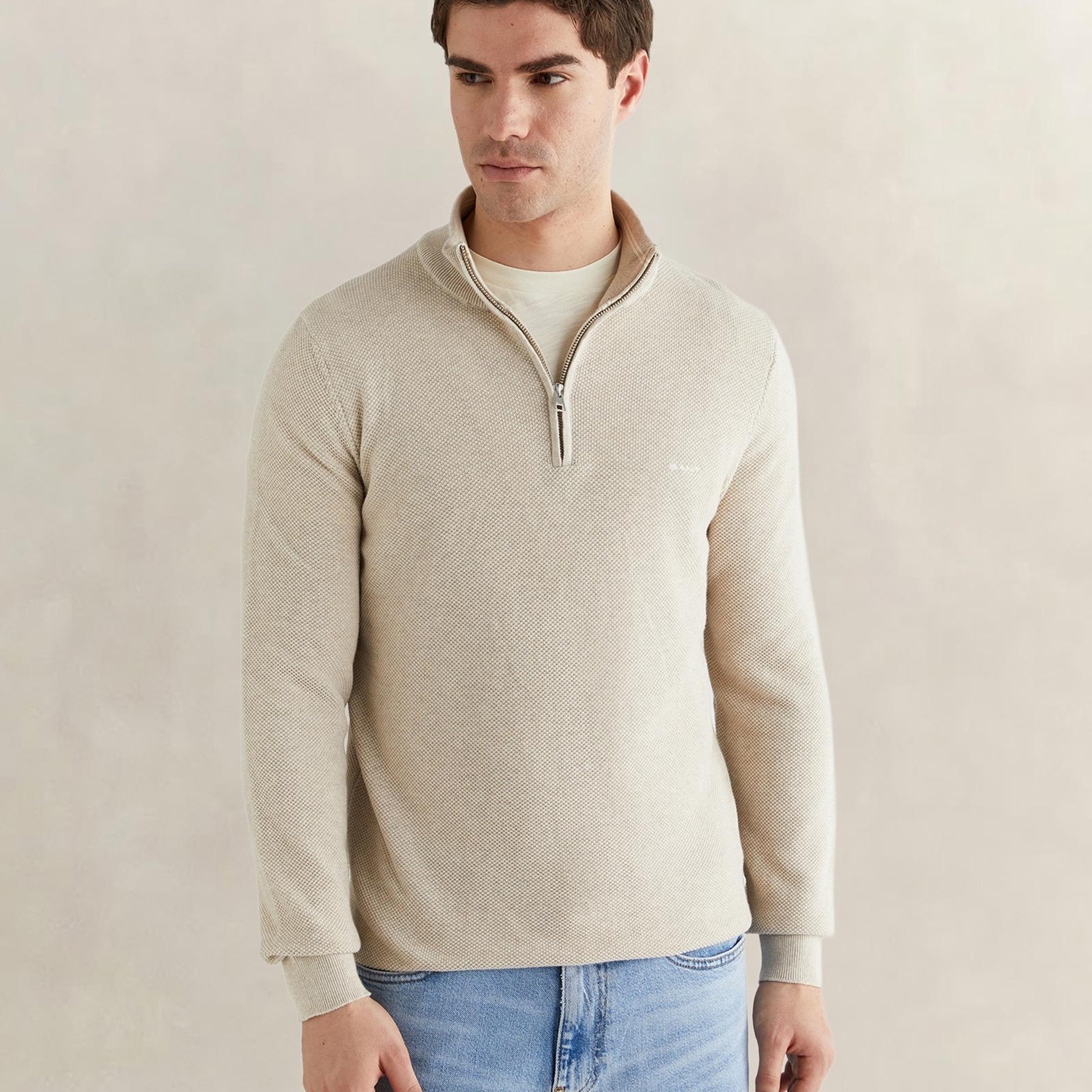 GANT Erkek Bej Regular Fit Yarım Fermuarlı Triko