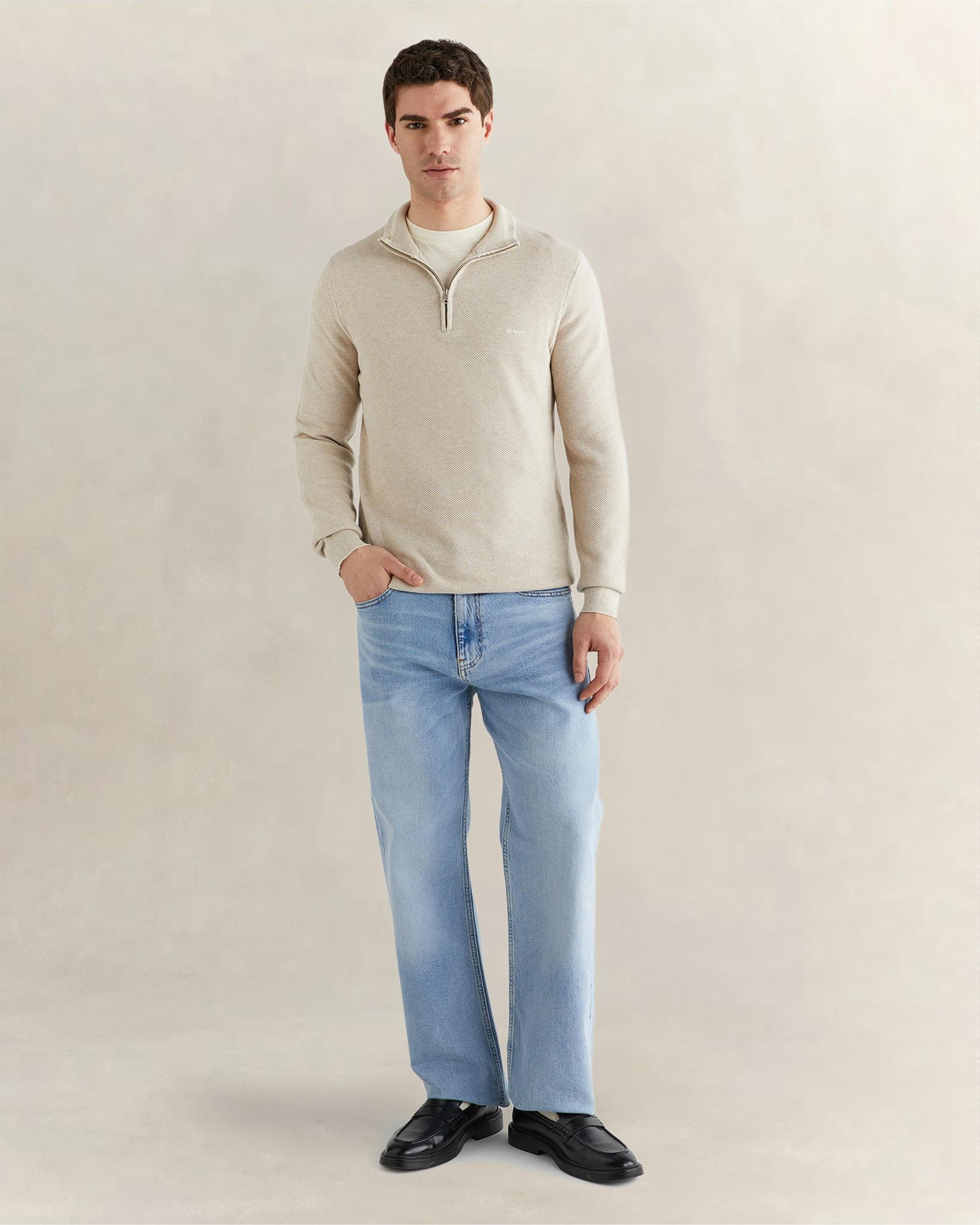 GANT Erkek Bej Regular Fit Yarım Fermuarlı Triko