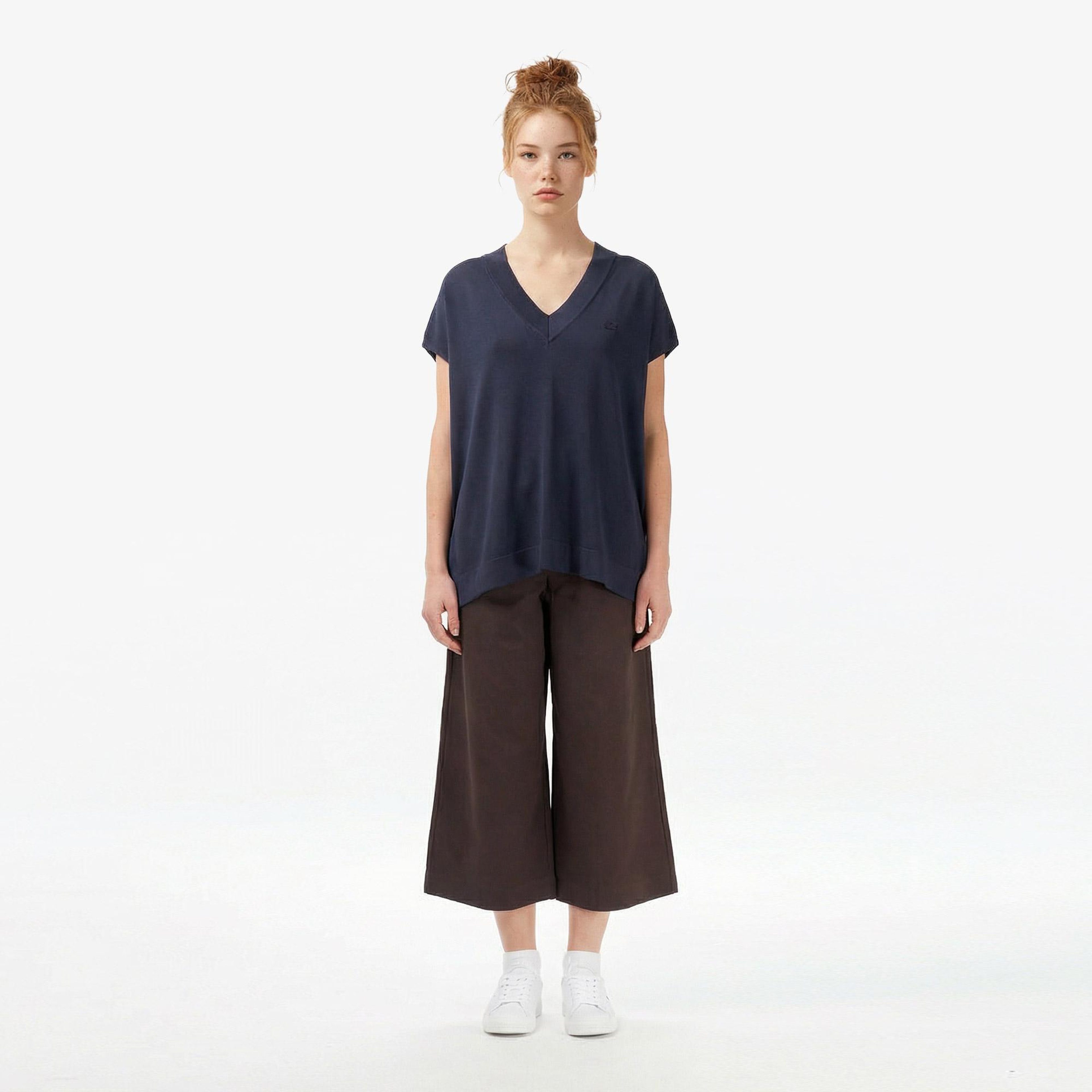 Kadın Relaxed Fit Kısa Kollu V Yaka Koyu Gri Triko
