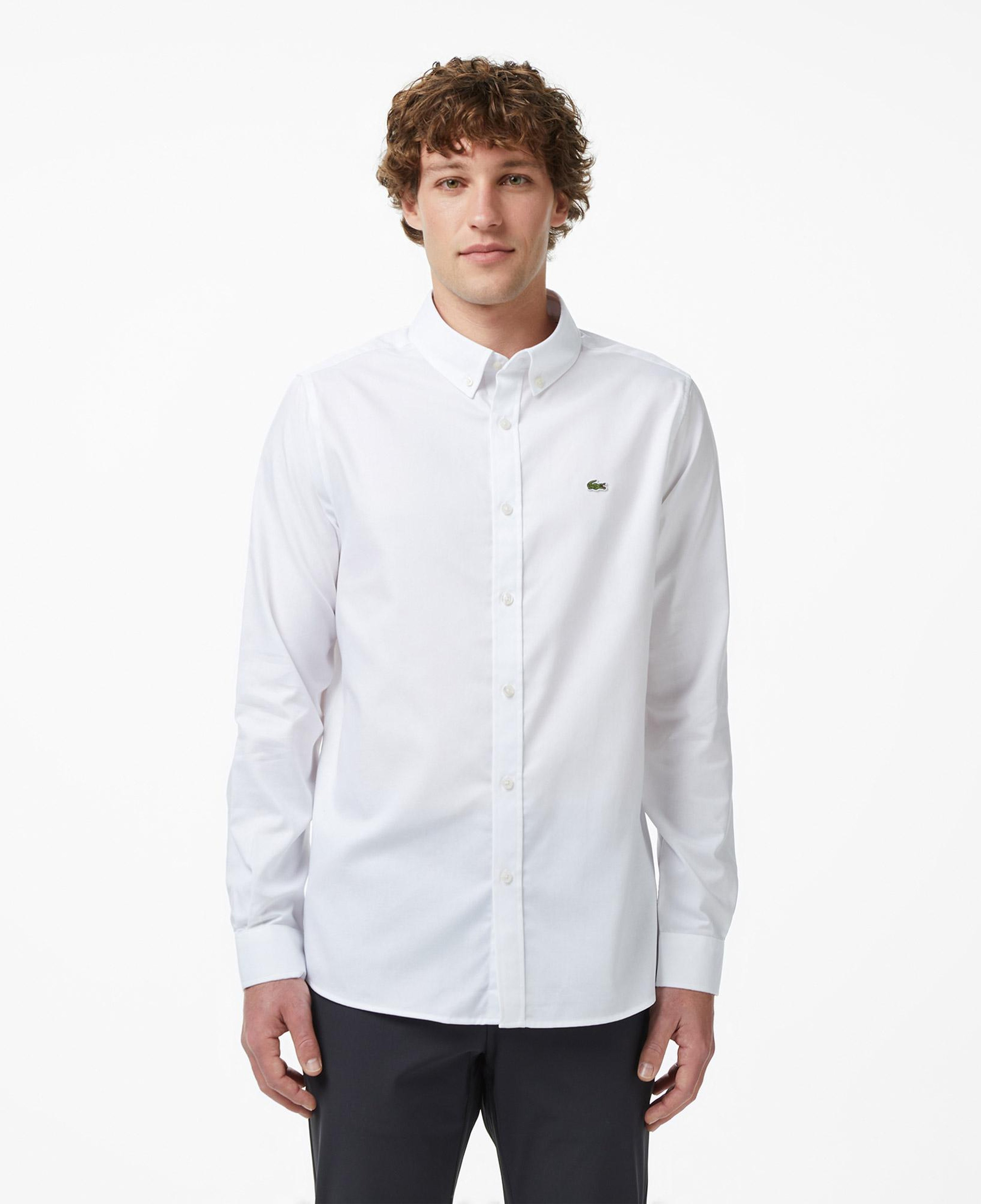 Erkek Slim Fit Düğmeli Yaka Beyaz Gömlek
