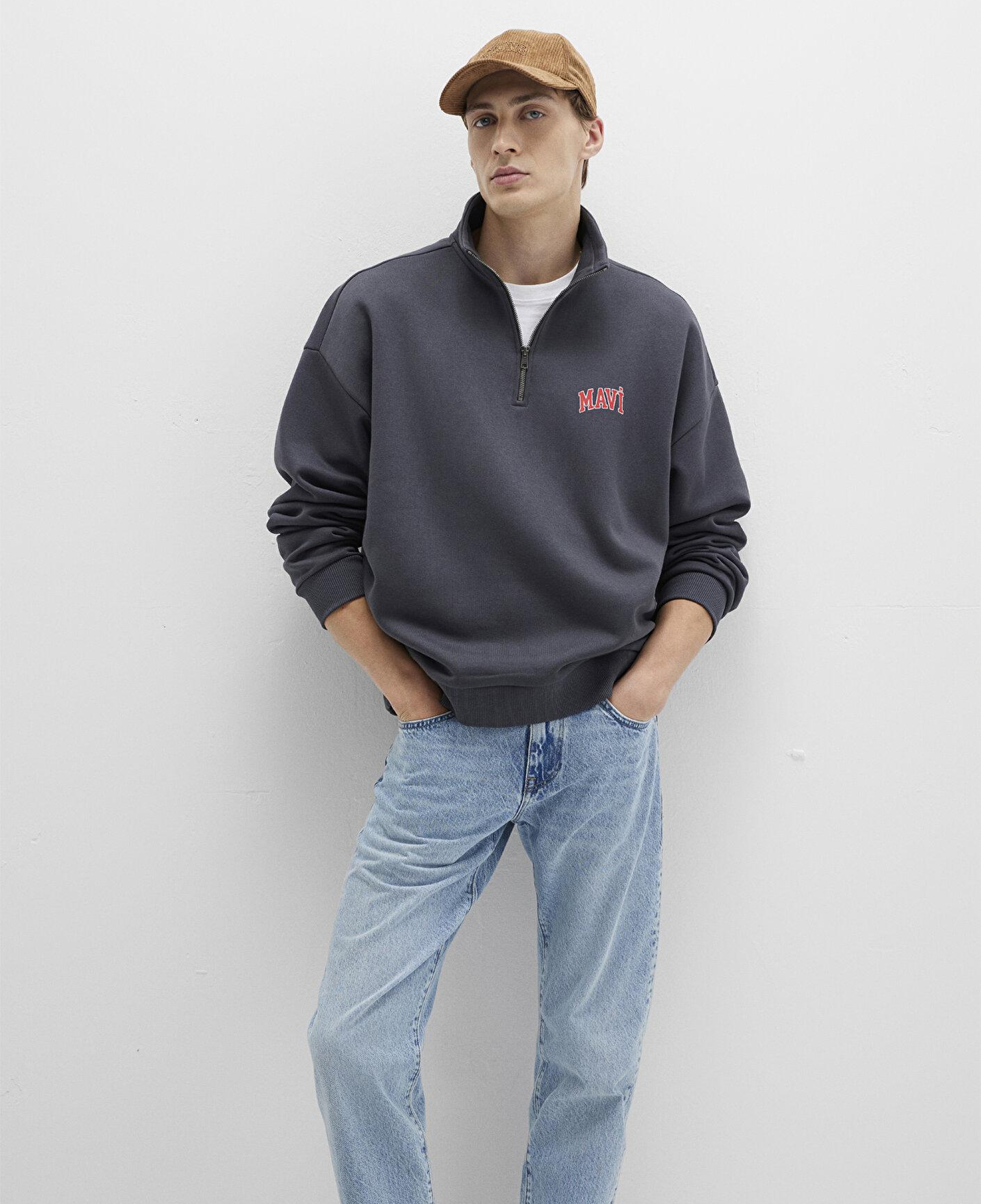 Mavi Mavi Logo Baskılı Yarı Fermuarlı Antrasit Sweatshirt 0S10208-80106