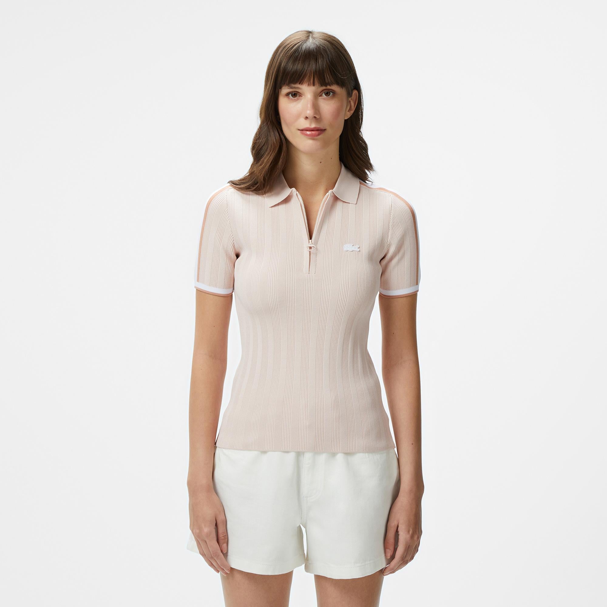 Lacoste Kadın Slim Fit Kısa Kollu Yarım Fermuarlı Krem Triko
