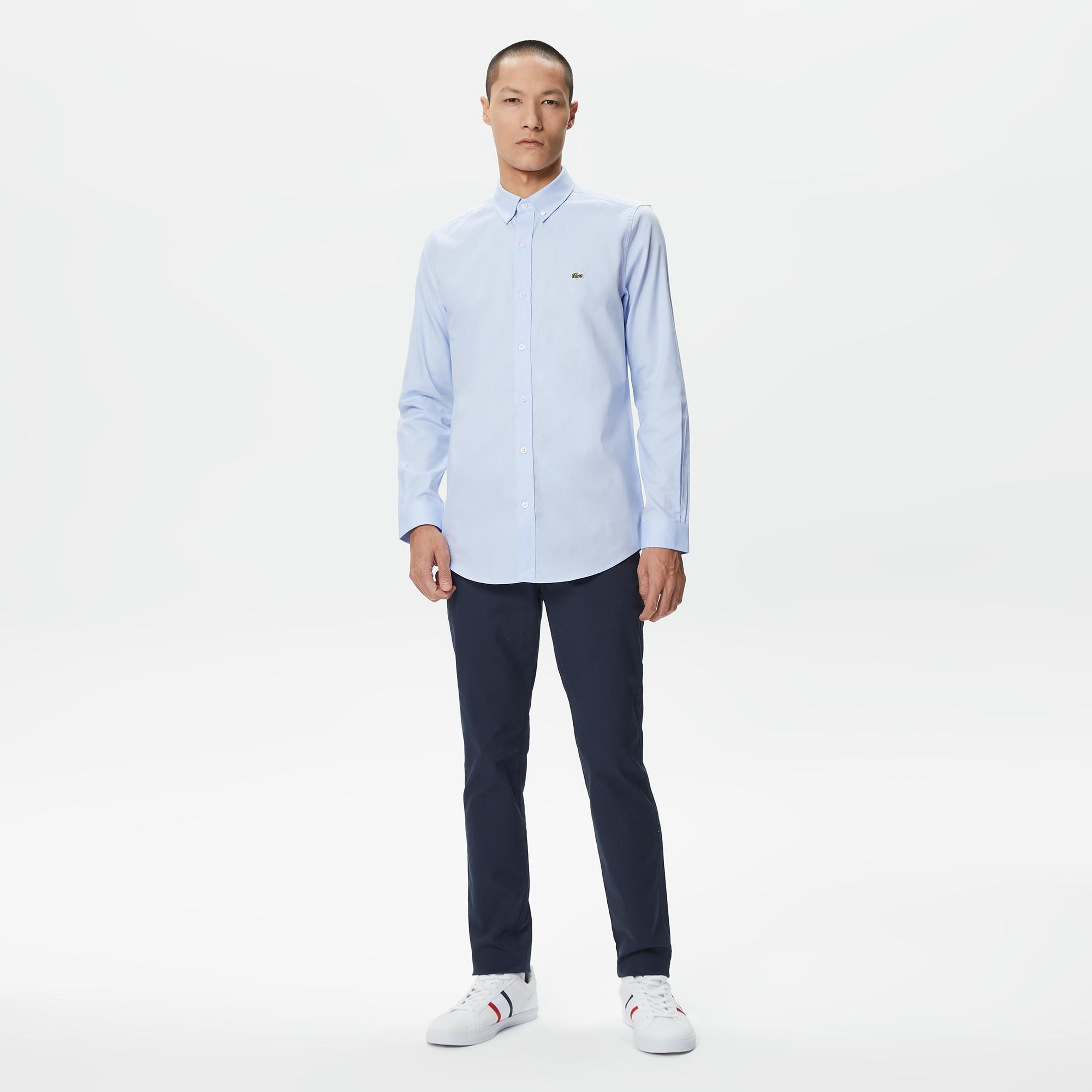 Erkek Slim Fit Düğmeli Yaka Açık Mavi Gömlek