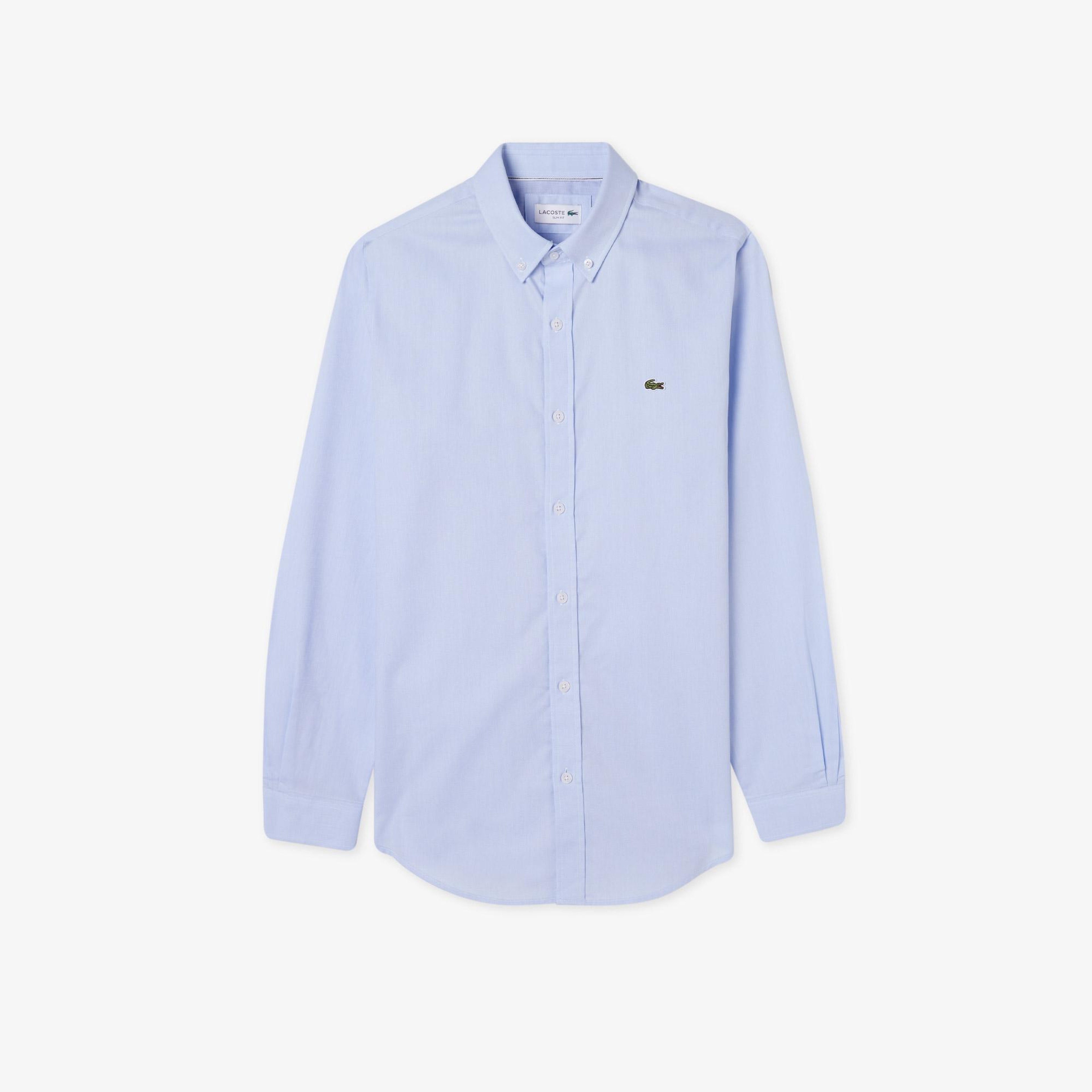 Erkek Slim Fit Düğmeli Yaka Açık Mavi Gömlek