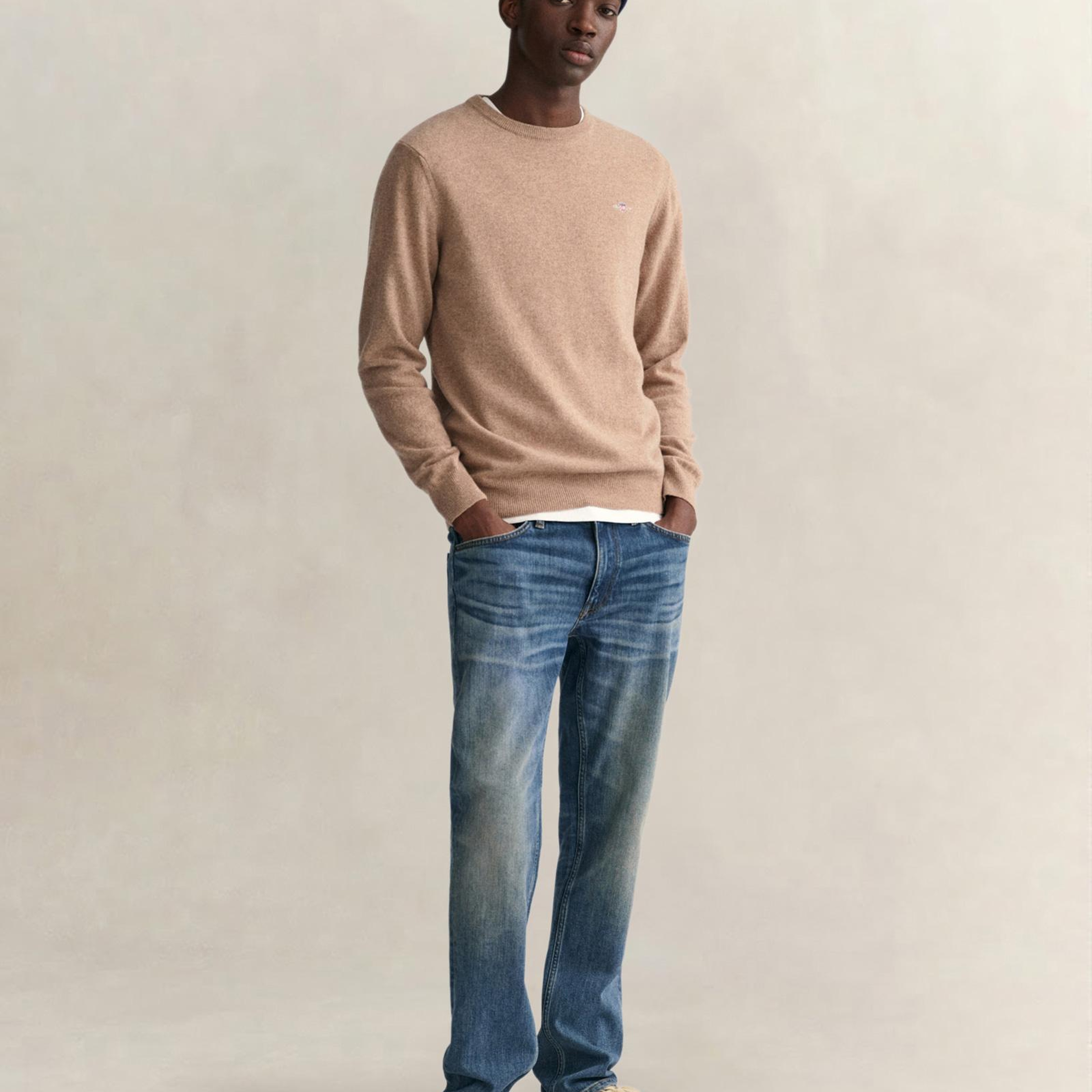 GANT Erkek Bej Regular Fit Bisiklet Yaka Yün Kazak