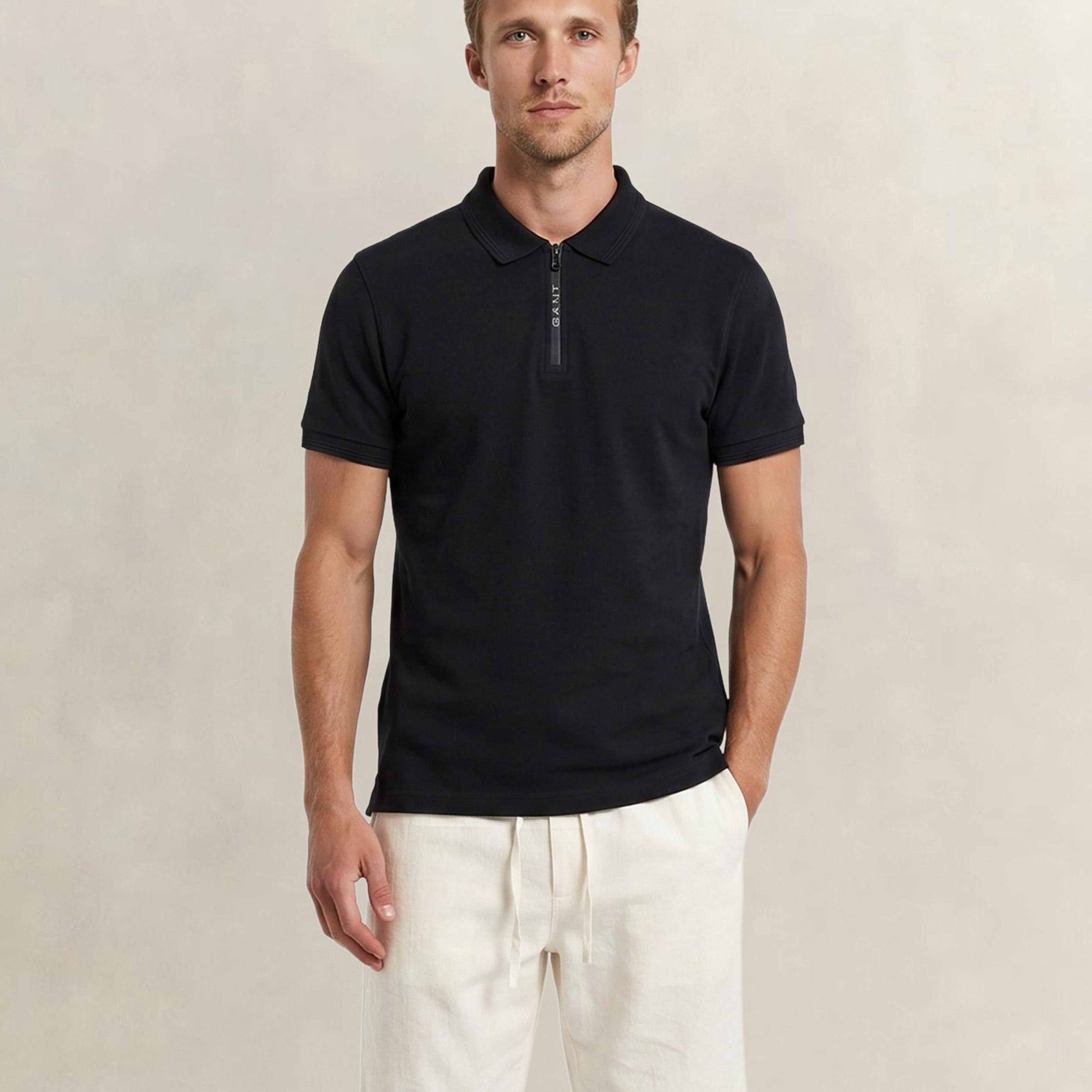 GANT Erkek Siyah Regular Fit Yarım Fermuarlı Polo Yaka T-Shirt