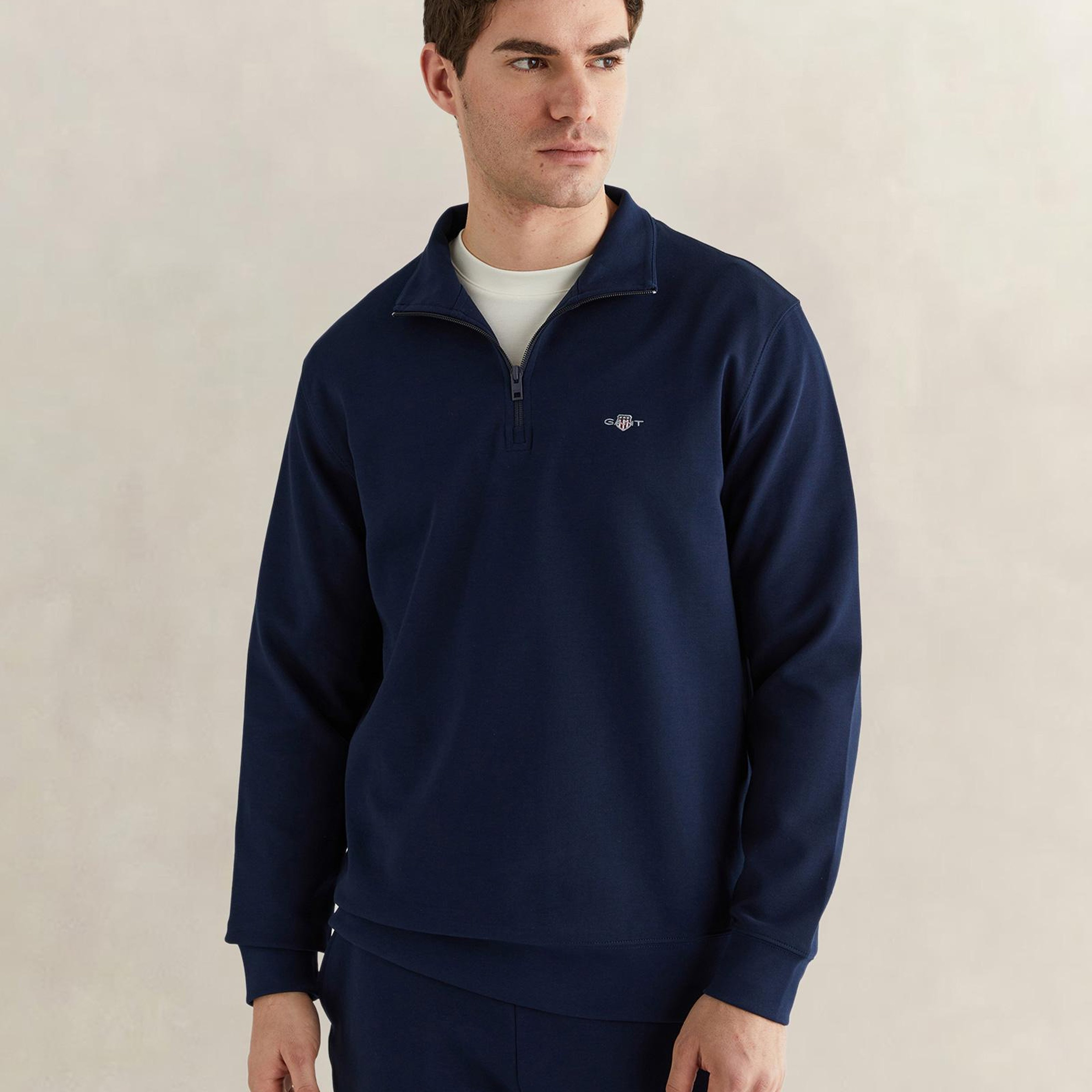 GANT Erkek Lacivert Relaxed Fit Yarım Fermuarlı Logolu Sweatshirt