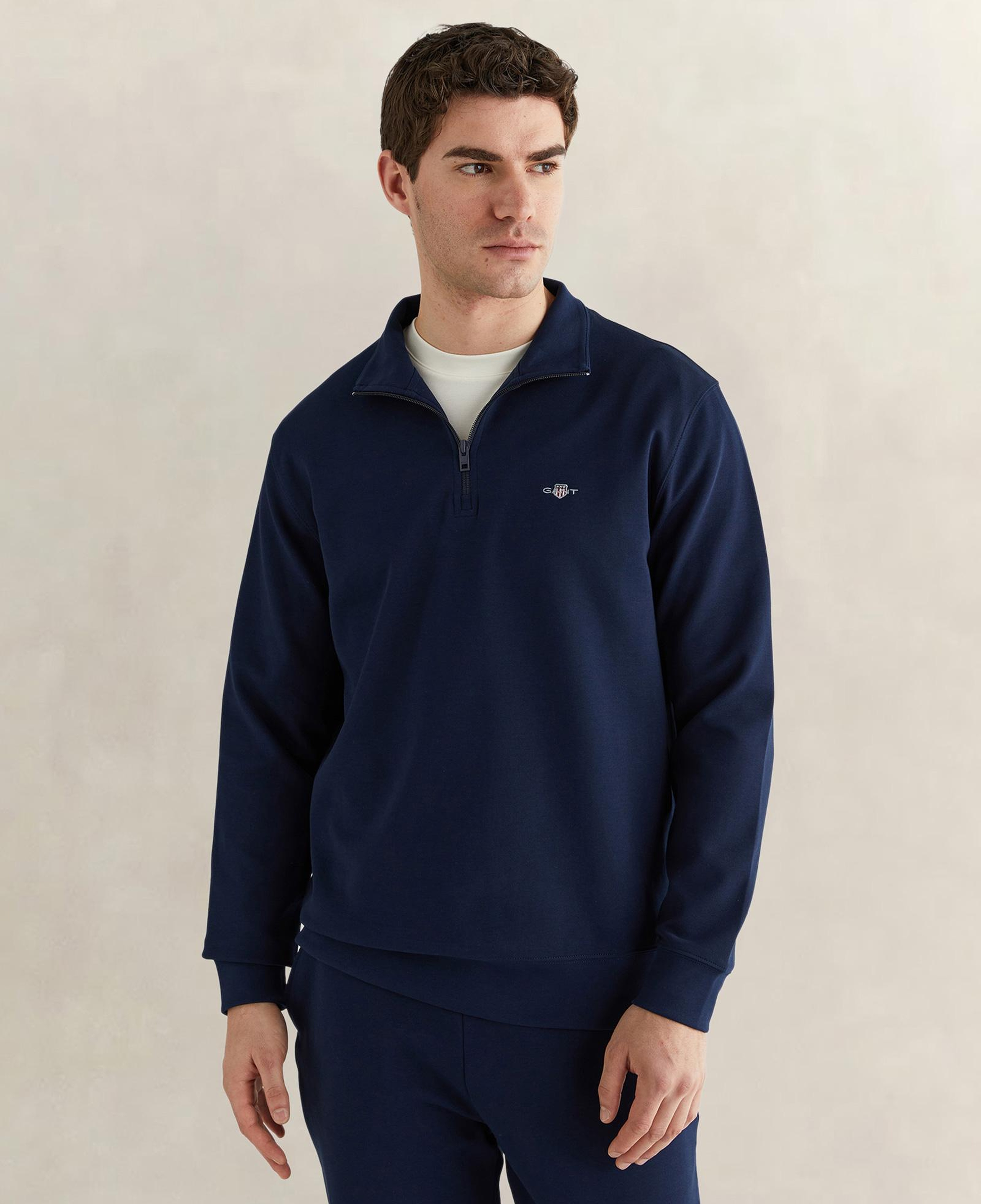 GANT Erkek Lacivert Relaxed Fit Yarım Fermuarlı Logolu Sweatshirt