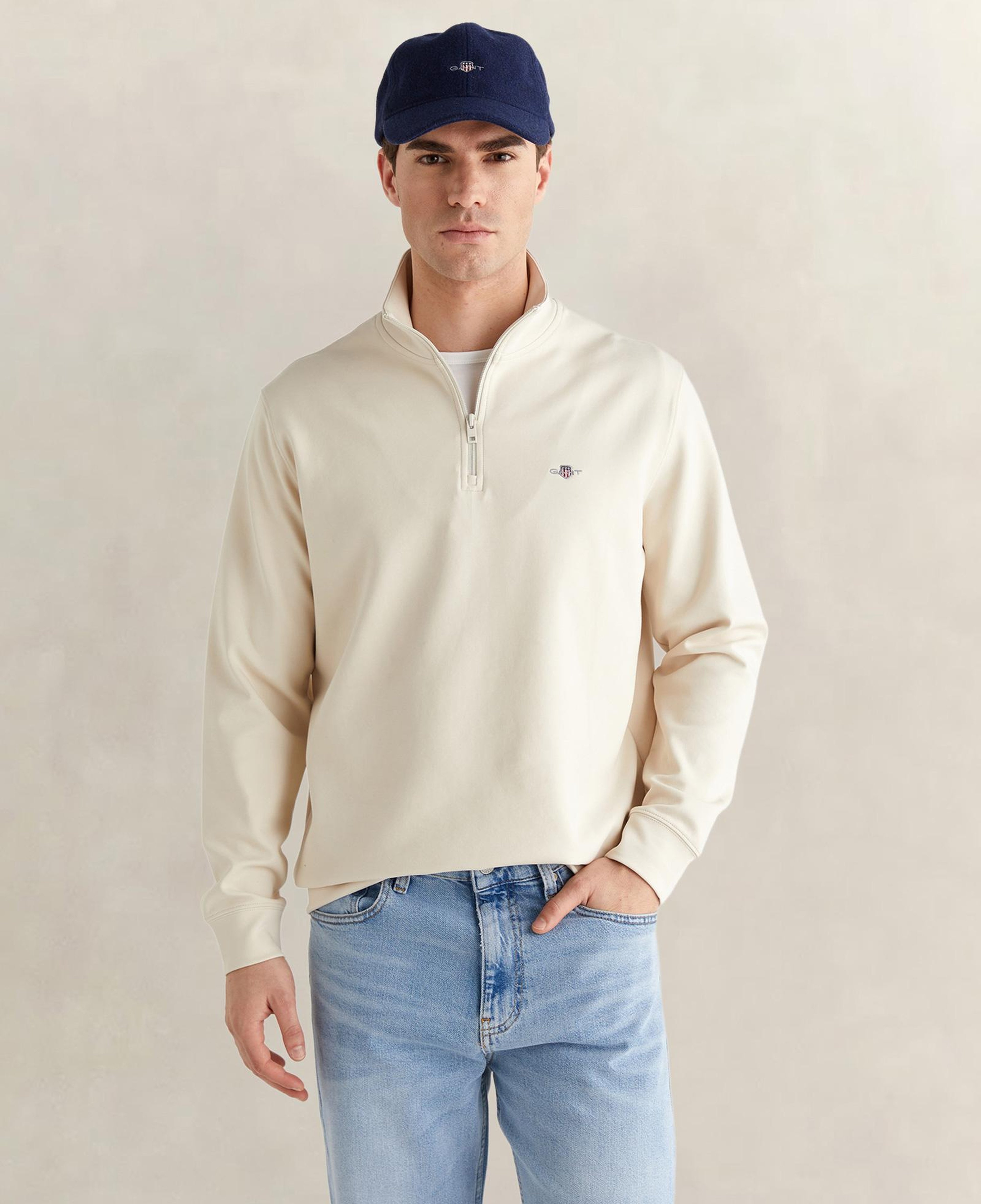 GANT Erkek Bej Relaxed Fit Yarım Fermuarlı Logolu Sweatshirt