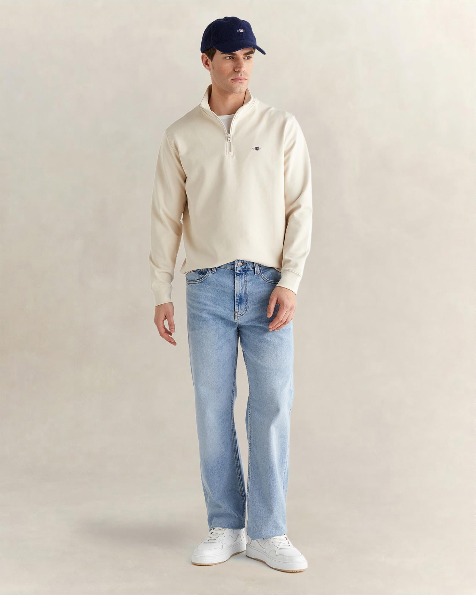 GANT Erkek Bej Relaxed Fit Yarım Fermuarlı Logolu Sweatshirt