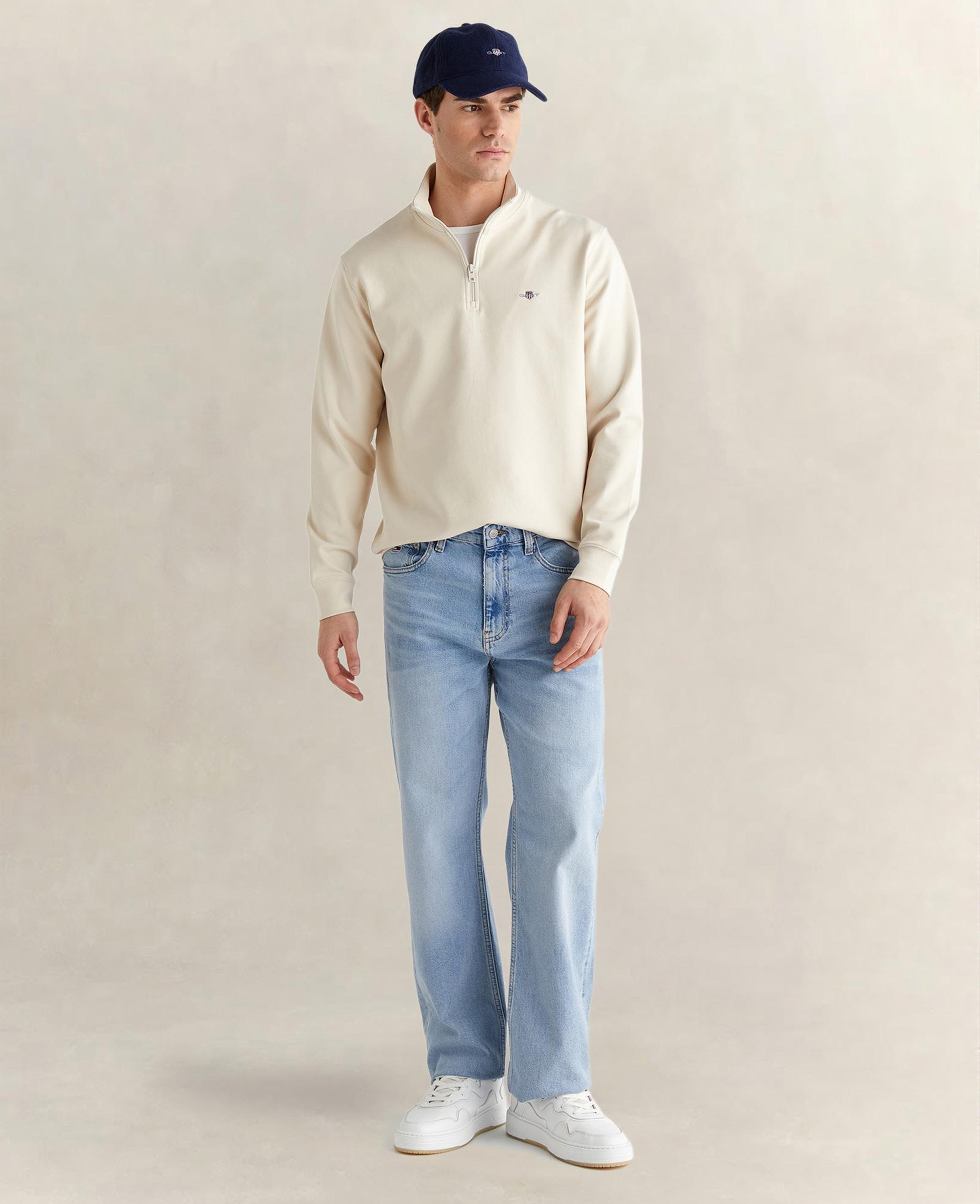 GANT Erkek Bej Relaxed Fit Yarım Fermuarlı Logolu Sweatshirt
