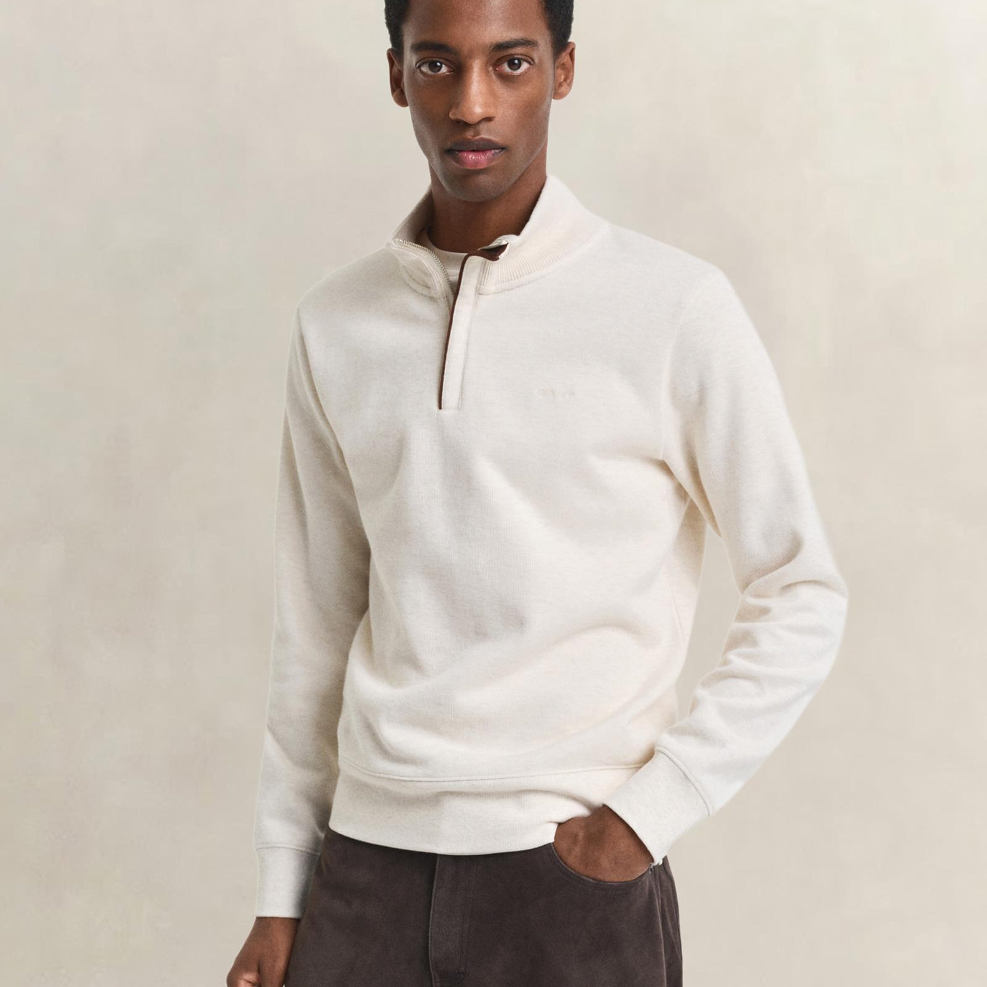 GANT Erkek Krem Regular Fit Yarım Fermuarlı Sweatshirt