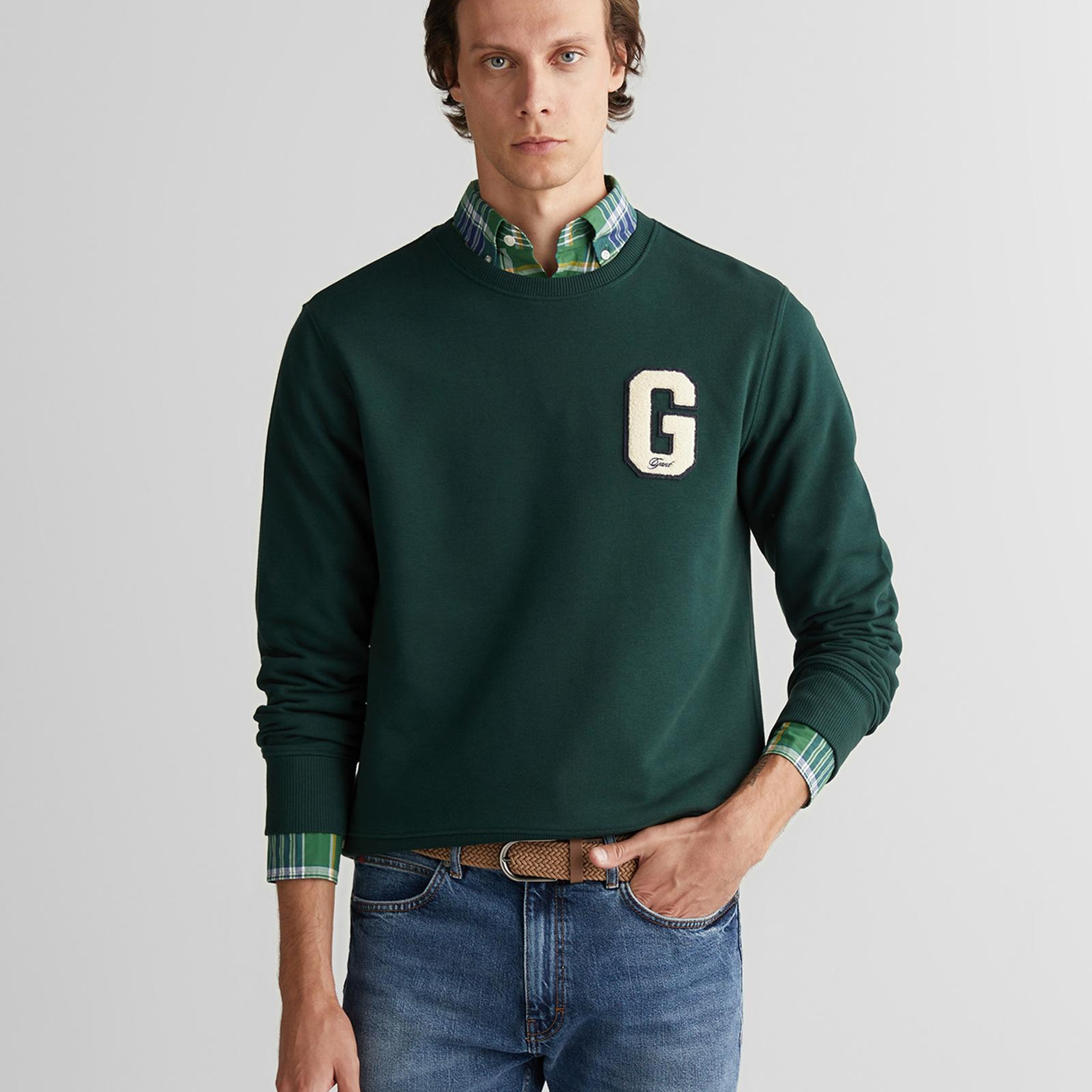 GANT Erkek Yeşil Regular Fit Bisiklet Yaka Logolu Sweatshirt