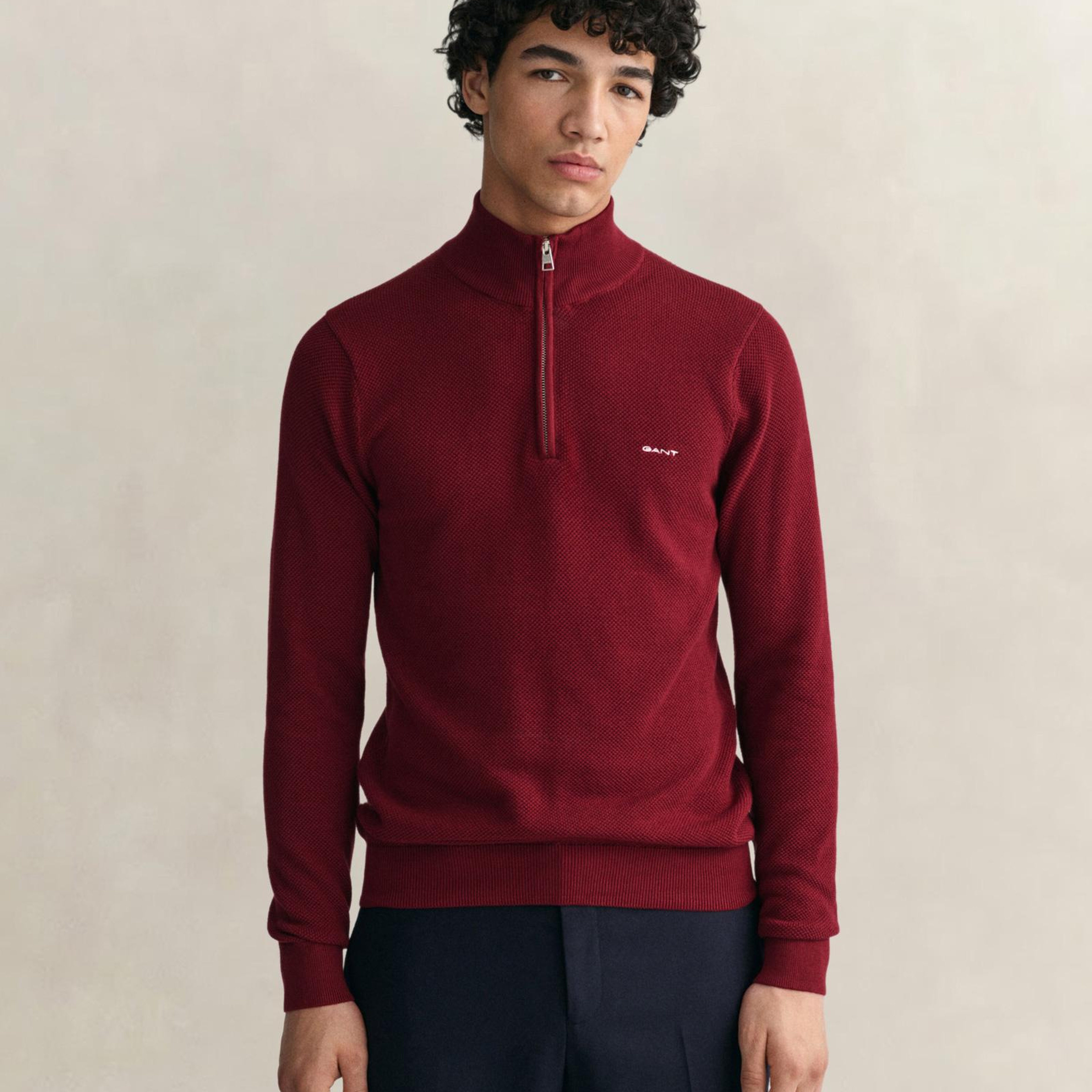 GANT Erkek Bordo Regular Fit Yarım Fermuarlı Kazak