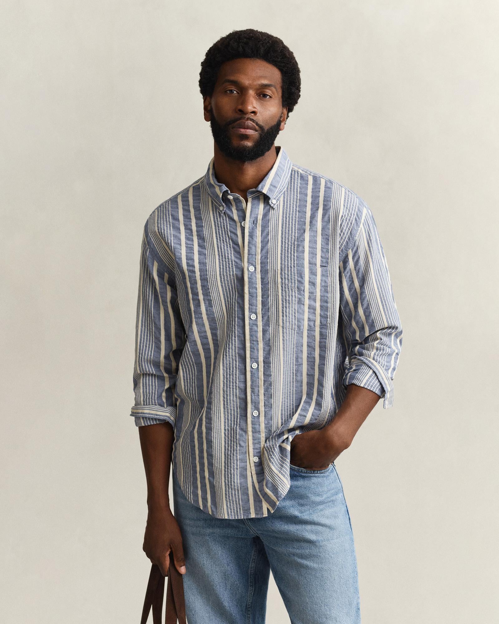 GANT Erkek Mavi Relaxed Fit Çizgili Gömlek