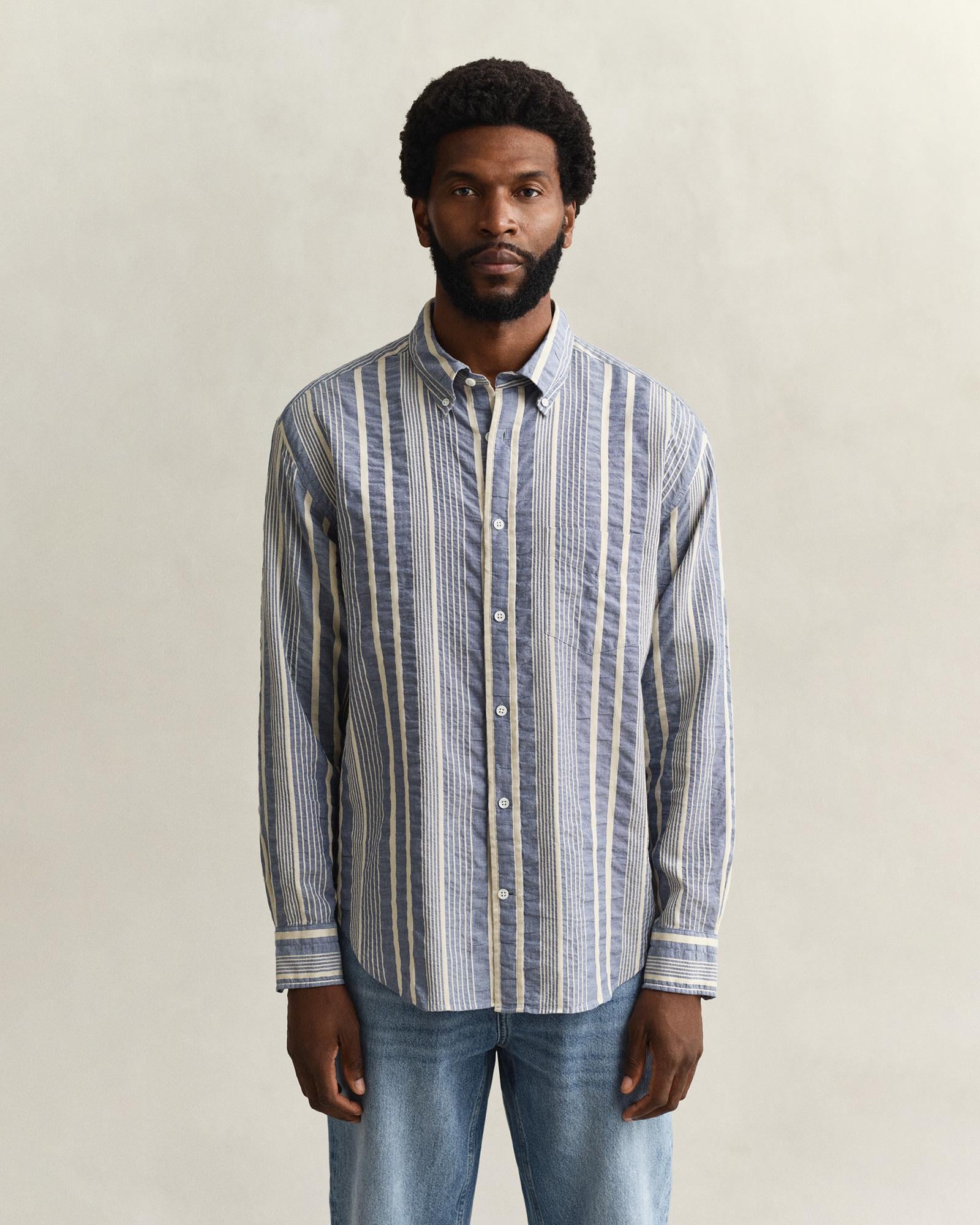GANT Erkek Mavi Relaxed Fit Çizgili Gömlek