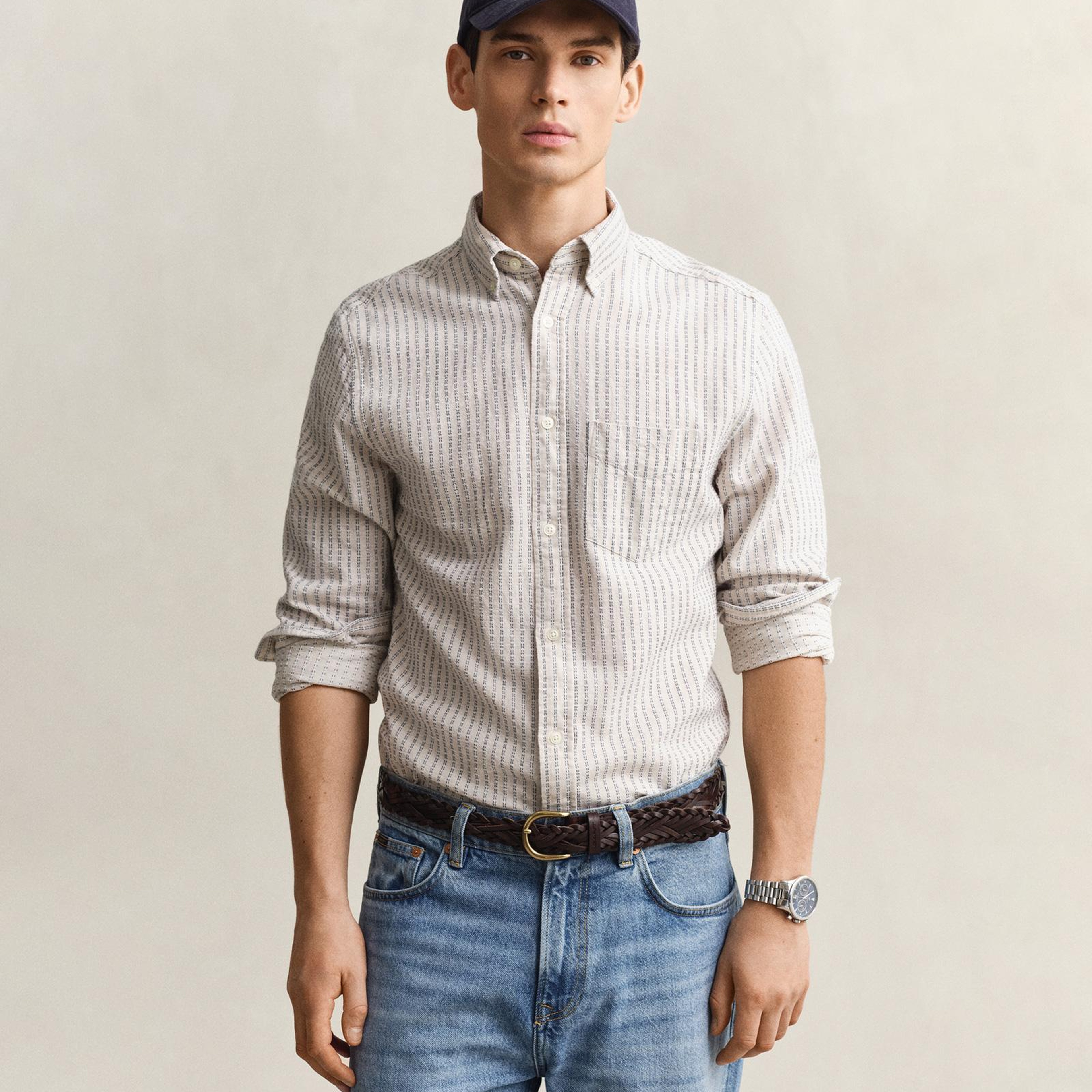 GANT Erkek Krem Regular Fit Çizgili Gömlek