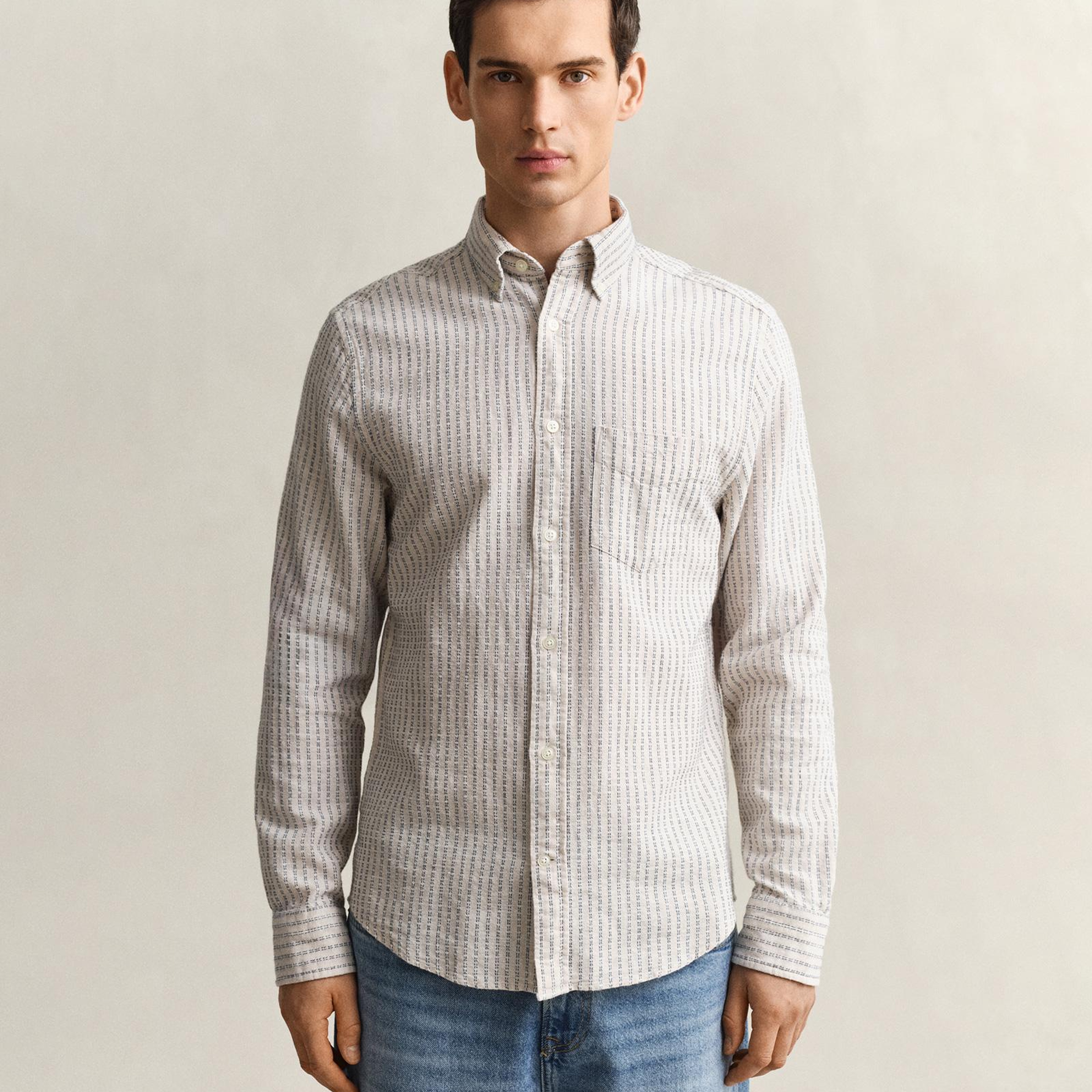 GANT Erkek Krem Regular Fit Çizgili Gömlek